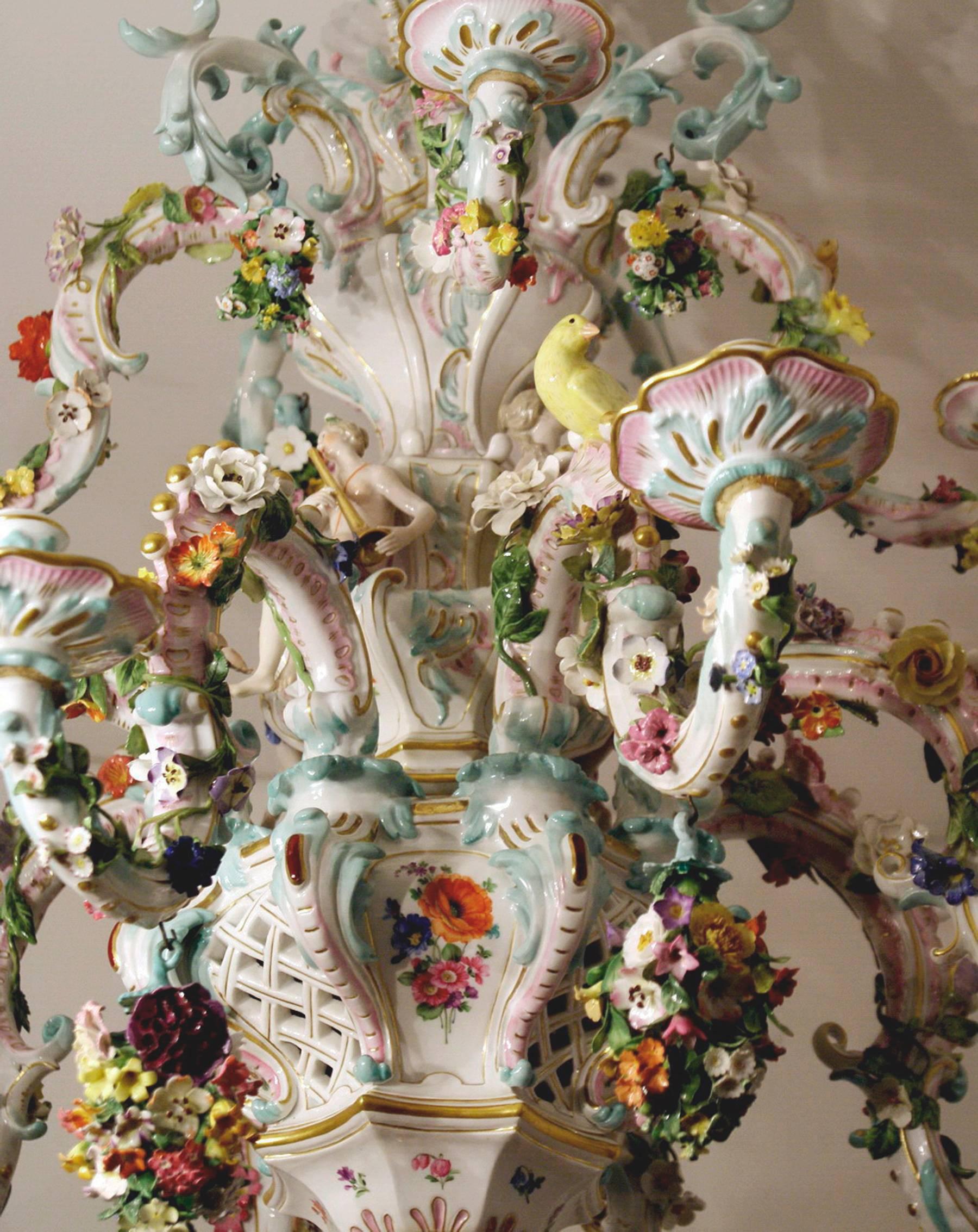 Painted Meissen Gorgeous Chandelier Vintage Flowers and Figurines Made, circa 1850-1870