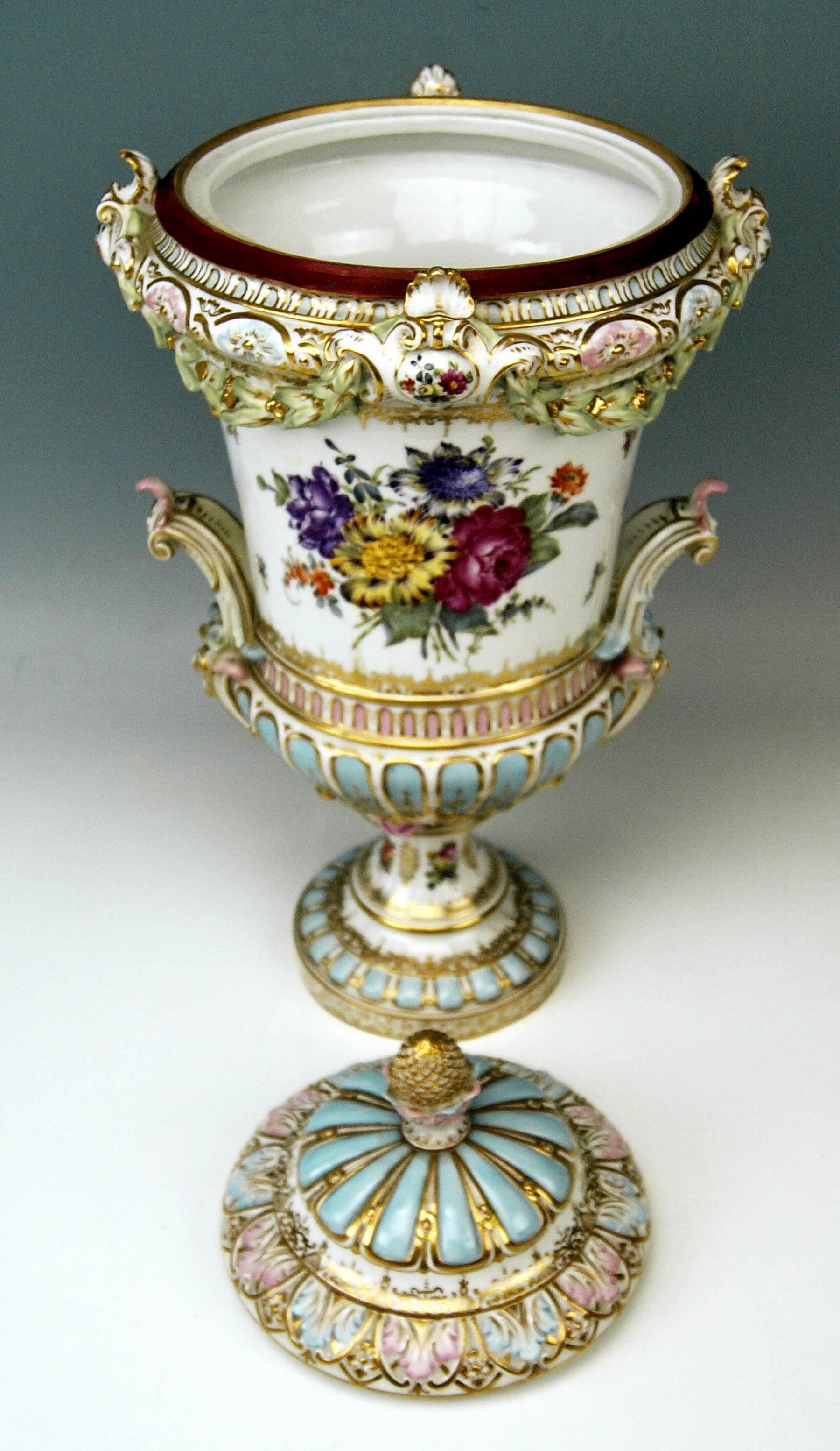 Rococo Dresden Donath and Co. Tall Lidded Vase Height 17.71 Inches Made, circa 1900