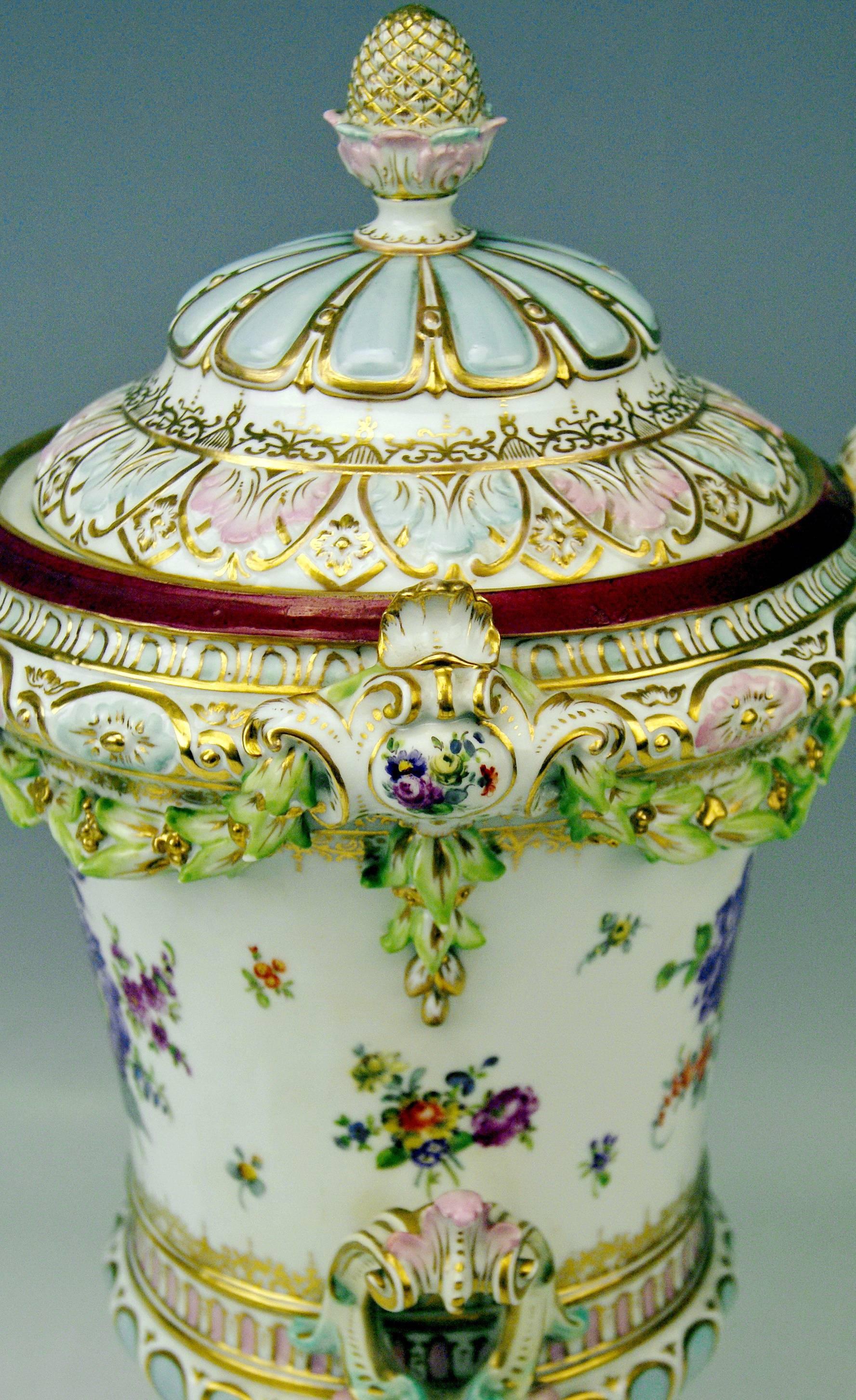 German Dresden Donath and Co. Tall Lidded Vase Height 17.71 Inches Made, circa 1900