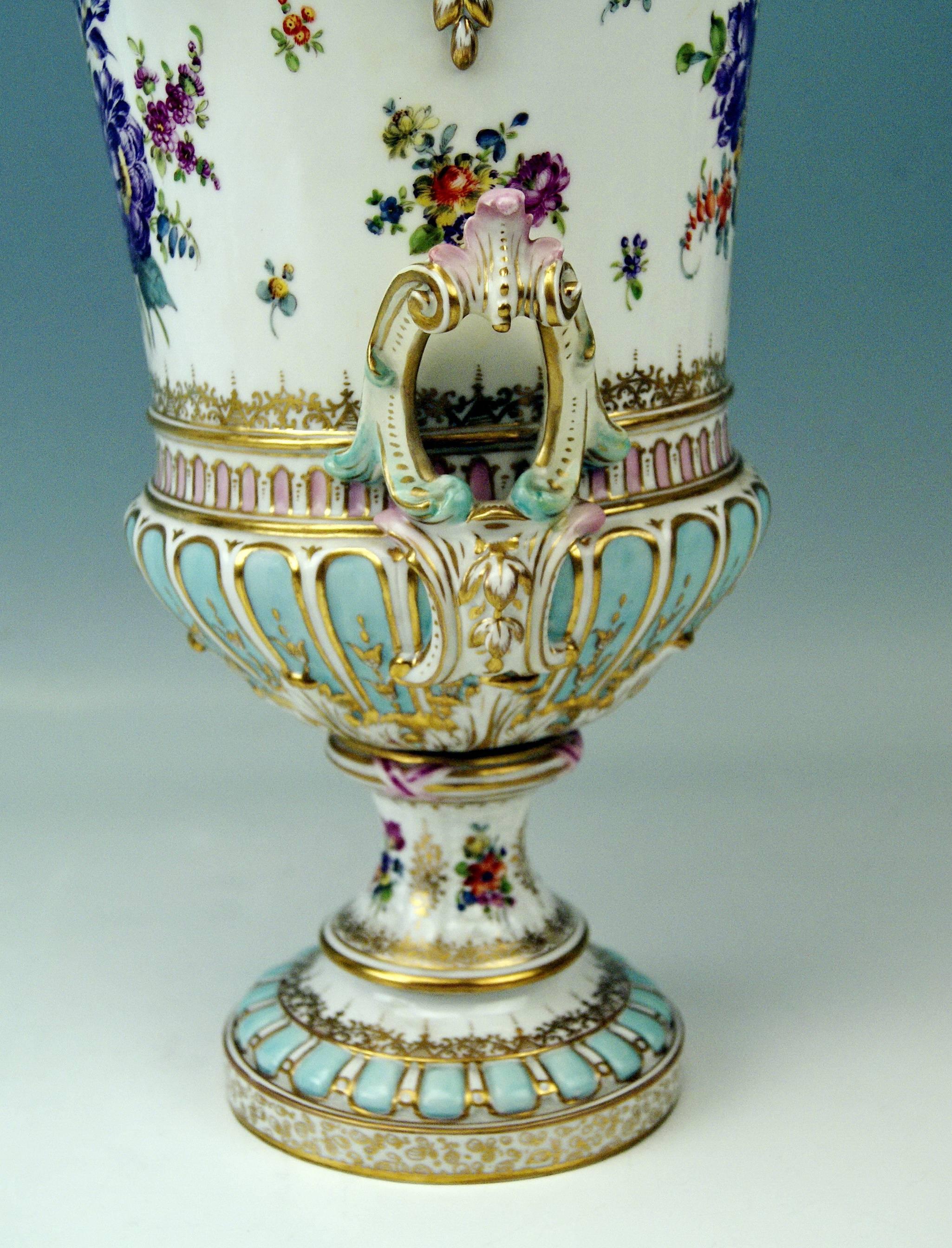 Painted Dresden Donath and Co. Tall Lidded Vase Height 17.71 Inches Made, circa 1900