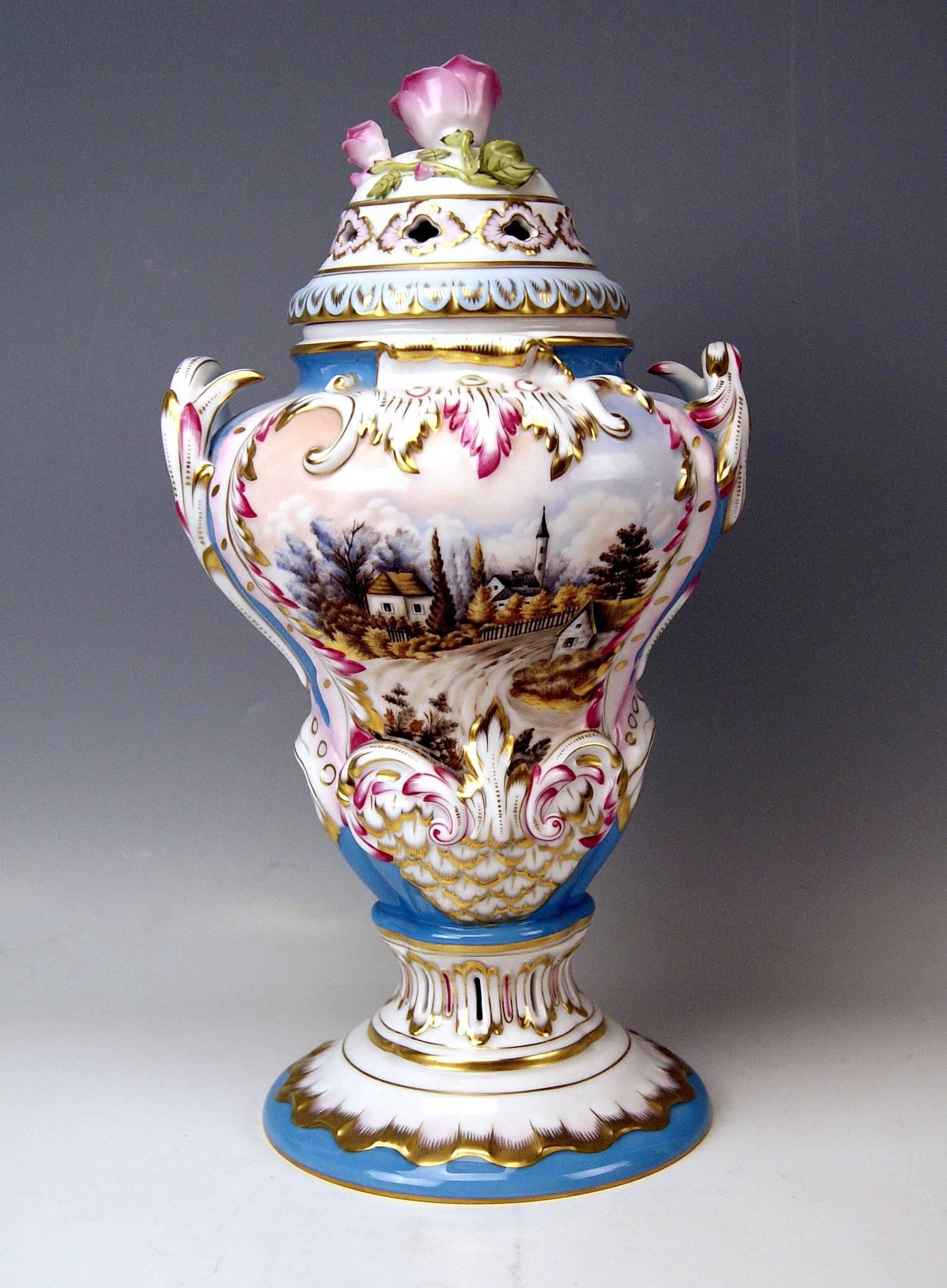 Lidded nicest bellied and two-handled rarest herend vase with stunning picture paintings made by István Lázár (born in year 1967 in Zalaegerszeg / Hungary. The Hungarian well-known porcelain painter is working since the year 1990 at the Special