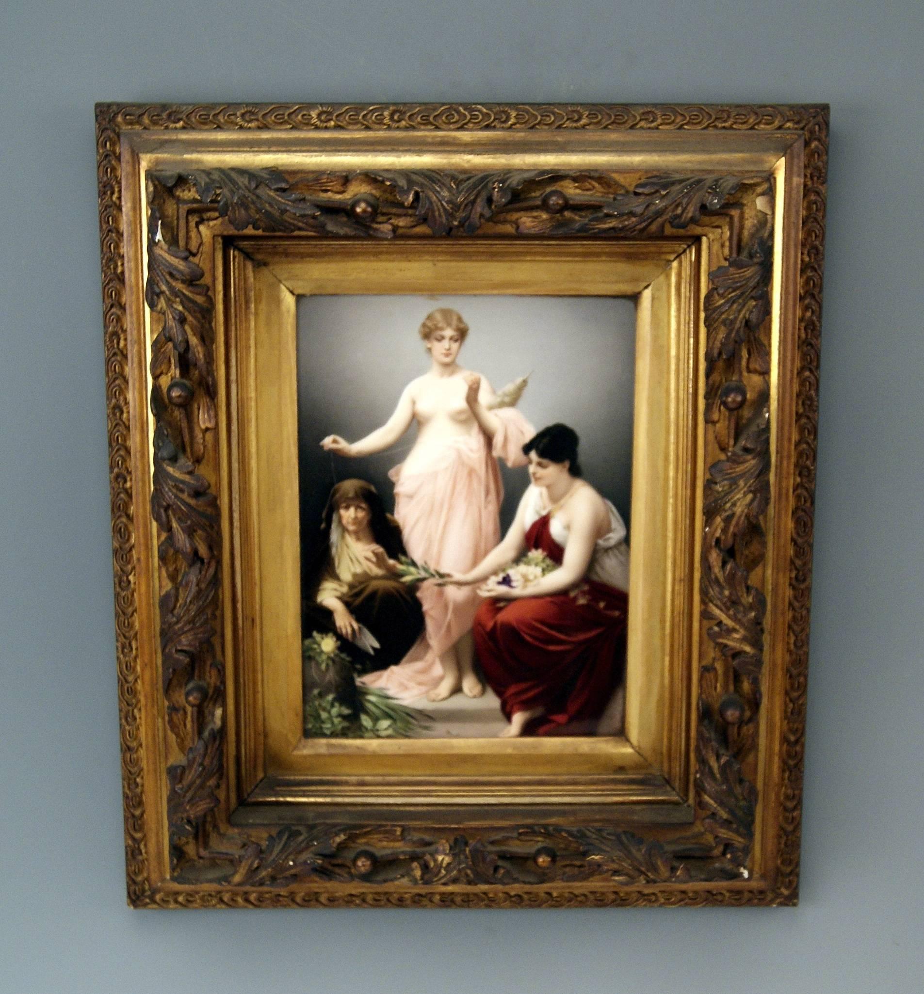 KPM Berlin Gorgeous porcelain picture painting:
The picture plate shows The Three Fates:
This painting has once been created by Paul Thumann (1834-1908).

Subject:
The Three Fates
In ancient mythology, the fates are incarnations of destiny,