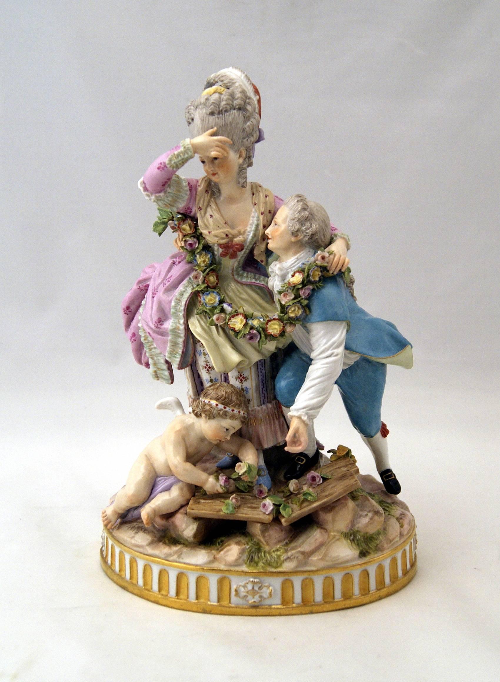 Meissen Pair of Gorgeous Figurines of finest quality:
-- The Broken Eggs
-- The Broken Bridge

Manufactory: Meissen
Dating: Middle of 19th century
Made circa 1850-1860
MARKS: Blue Meissen sword mark of 19th century (with pommels on hilts)
