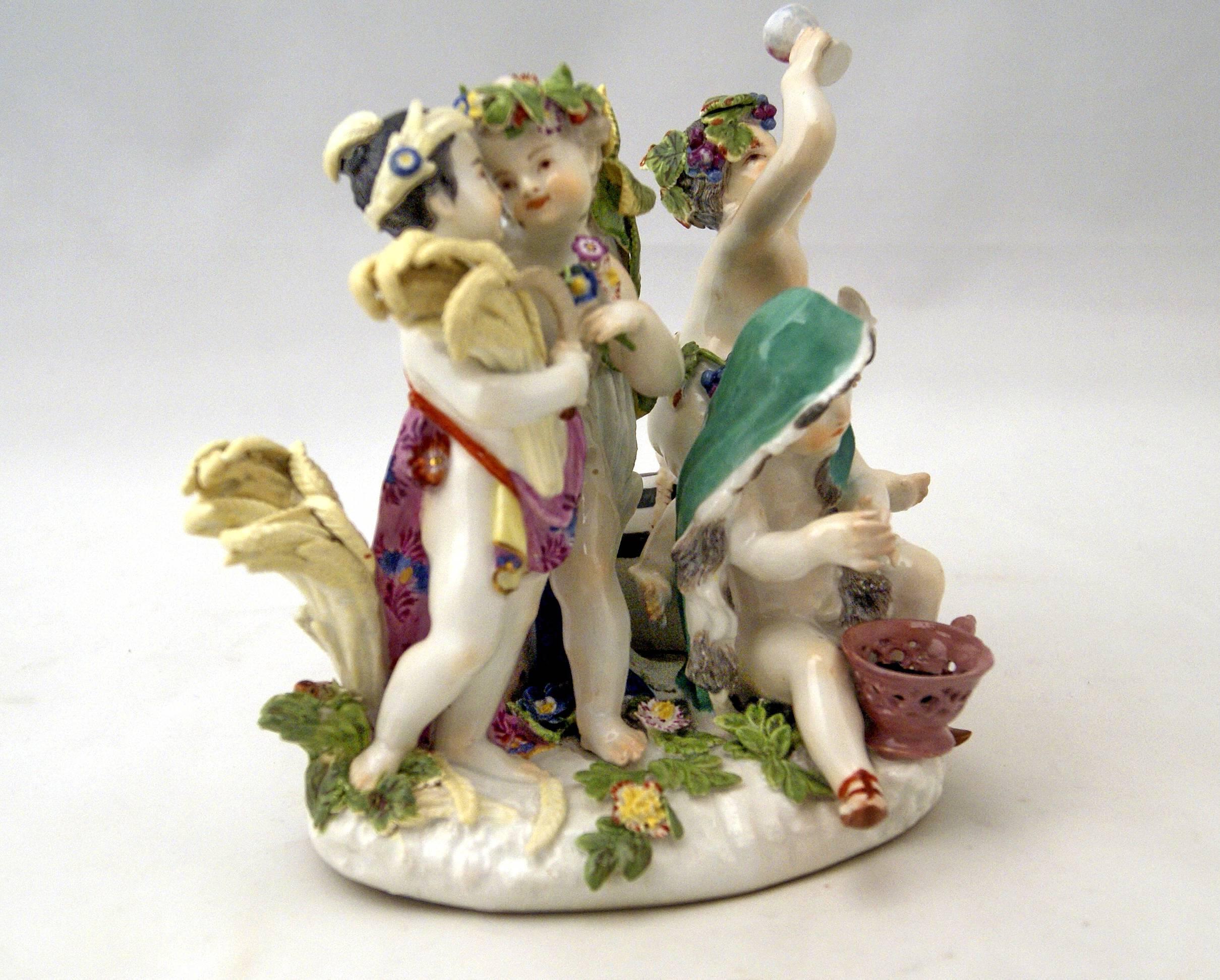 Meissen gorgeous figurine group of finest quality:
There are four cherubs symbolizing the four seasons - of most lovely appearance visible.

Manufactory: Meissen
Dating (please note!):  Middle of 18th century, made circa 1755-60.
Marks:
Small blue