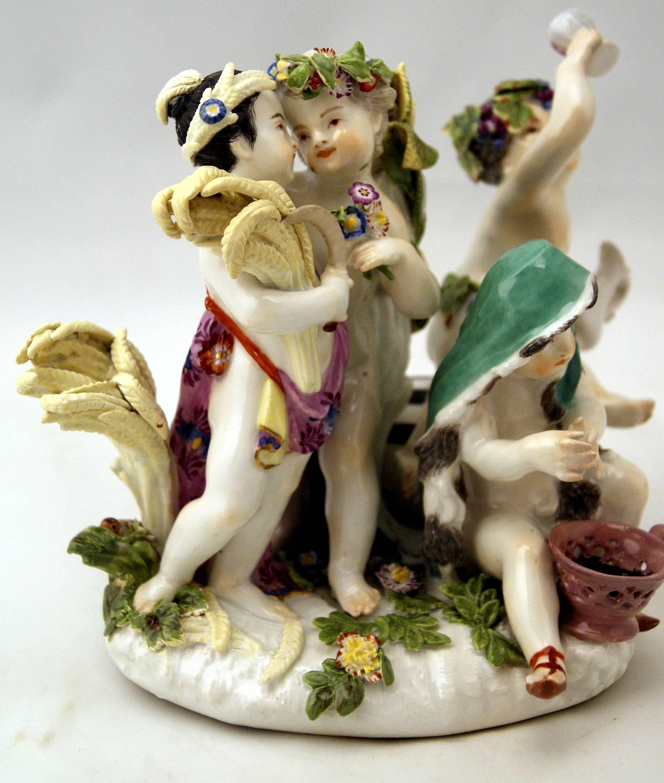 Peint Superbe groupe de figurines de Meissen « les chérubins des quatre saisons » par Kaendler, vers 1755-60 en vente