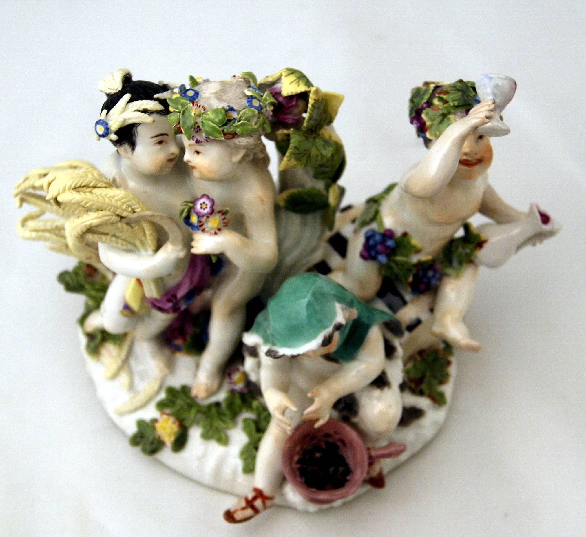 Painted Meissen Gorgeous Figurine Group the Four Seasons Cherubs by Kaendler c. 1755-60 For Sale