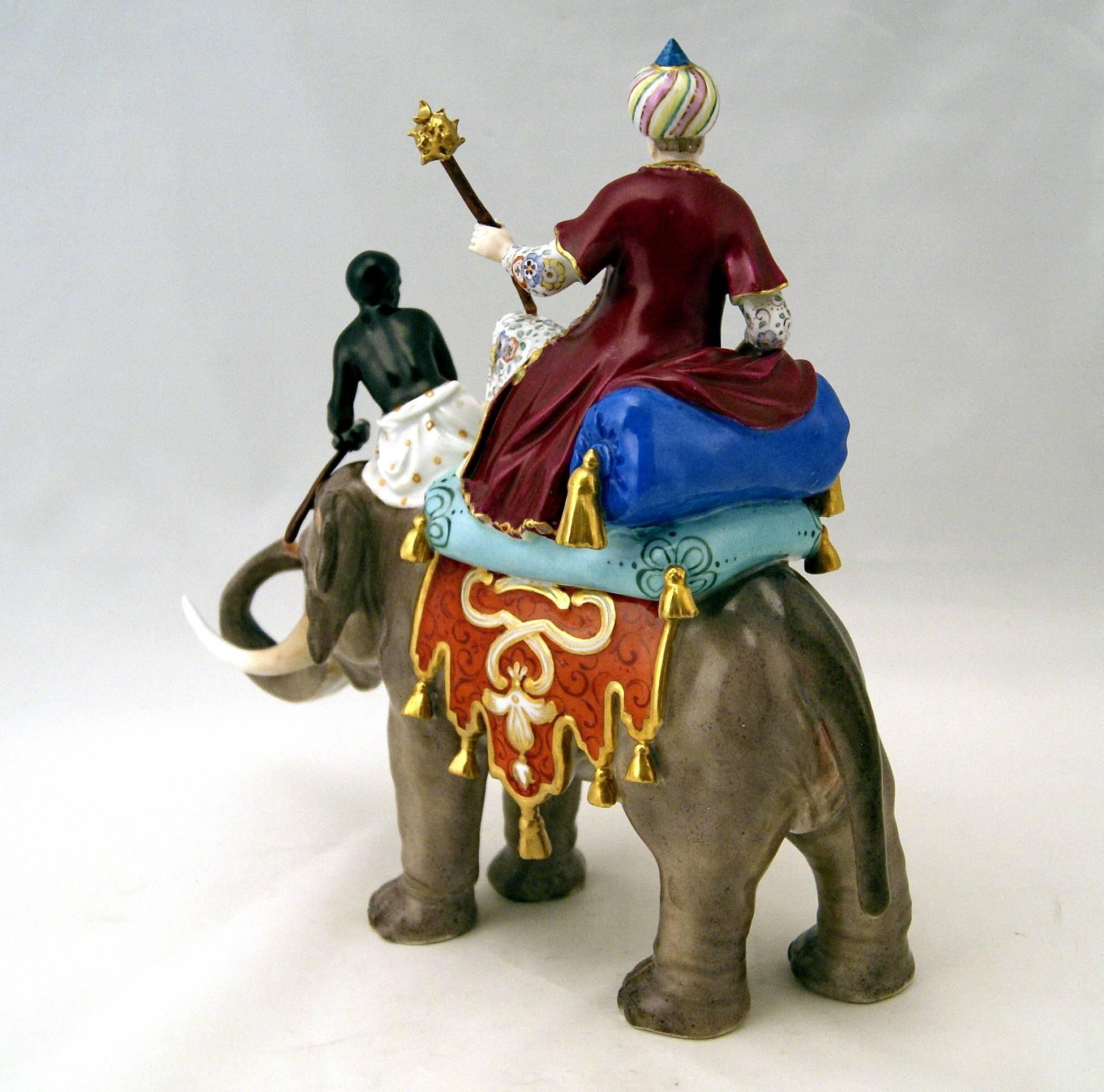 Meissen gorgeous figurine group of finest quality:
There is persian nobleman visible, riding an elephant (accompanied by black servant) - all of them of most interesting appearance.
Figurine type: Series of Foreign People.

Manufactory: