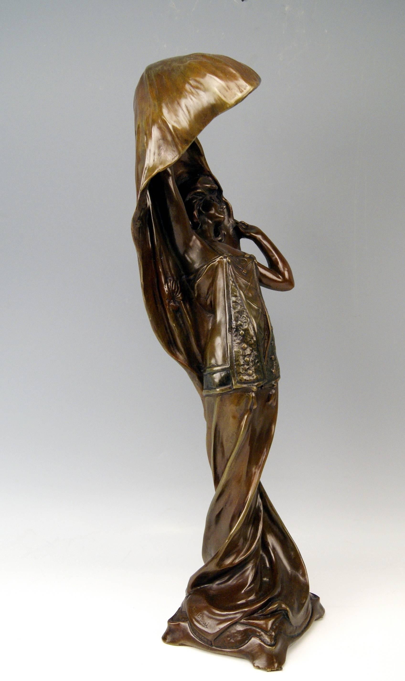 Gorgeous bronze female figurine Art Nouveau made by Italian manufactory.

Hallmarked:
G. Bessi (signature well visible at right lateral side).
It is the Italian sculptor Giuseppe Bessi (1857-1922).

Some informations referring to the