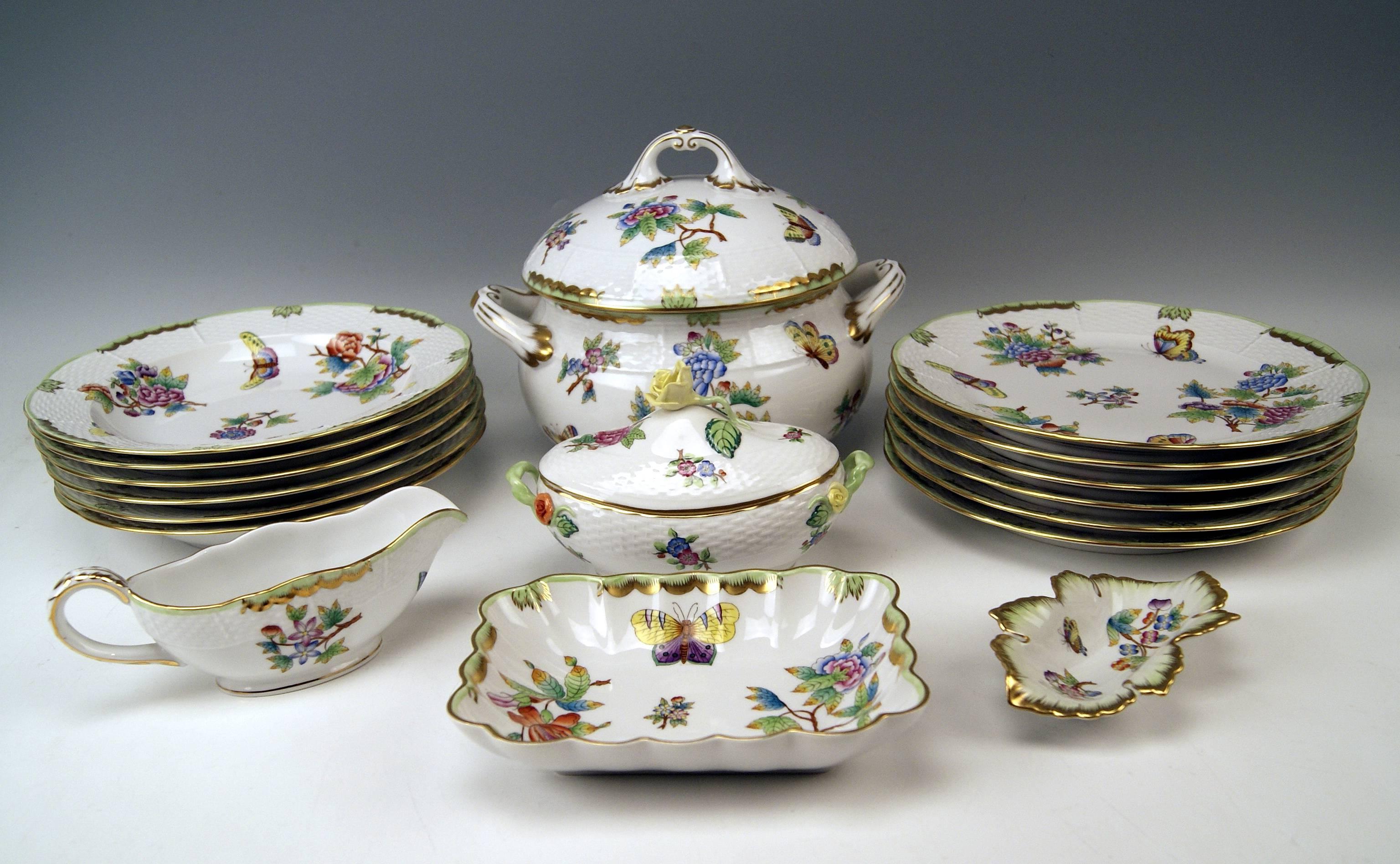 We invite you here to look at a Splendid as well as nicest Herend dinner set for six persons: 

This Herend dinner set is of finest appearance due to gorgeous and abundant decorations, consisting of various flower paintings - flower's blossoms of