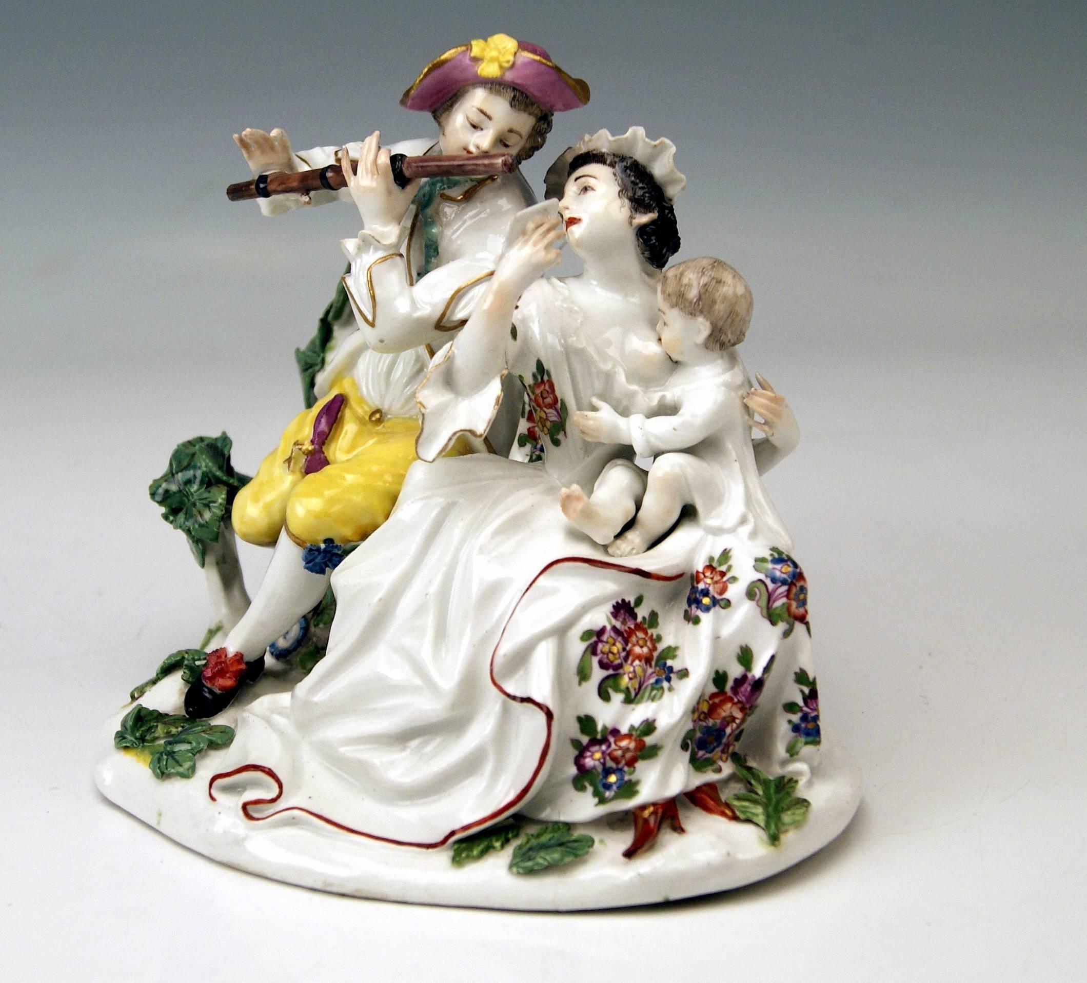 Meissen gorgeous as well as rarest figurine group of finest quality: 
There are three figurines visible, depicting a musical family of most lovely appearance.

Manufactory: Meissen
Dating (please note!):   Middle of 18th century   /   made circa