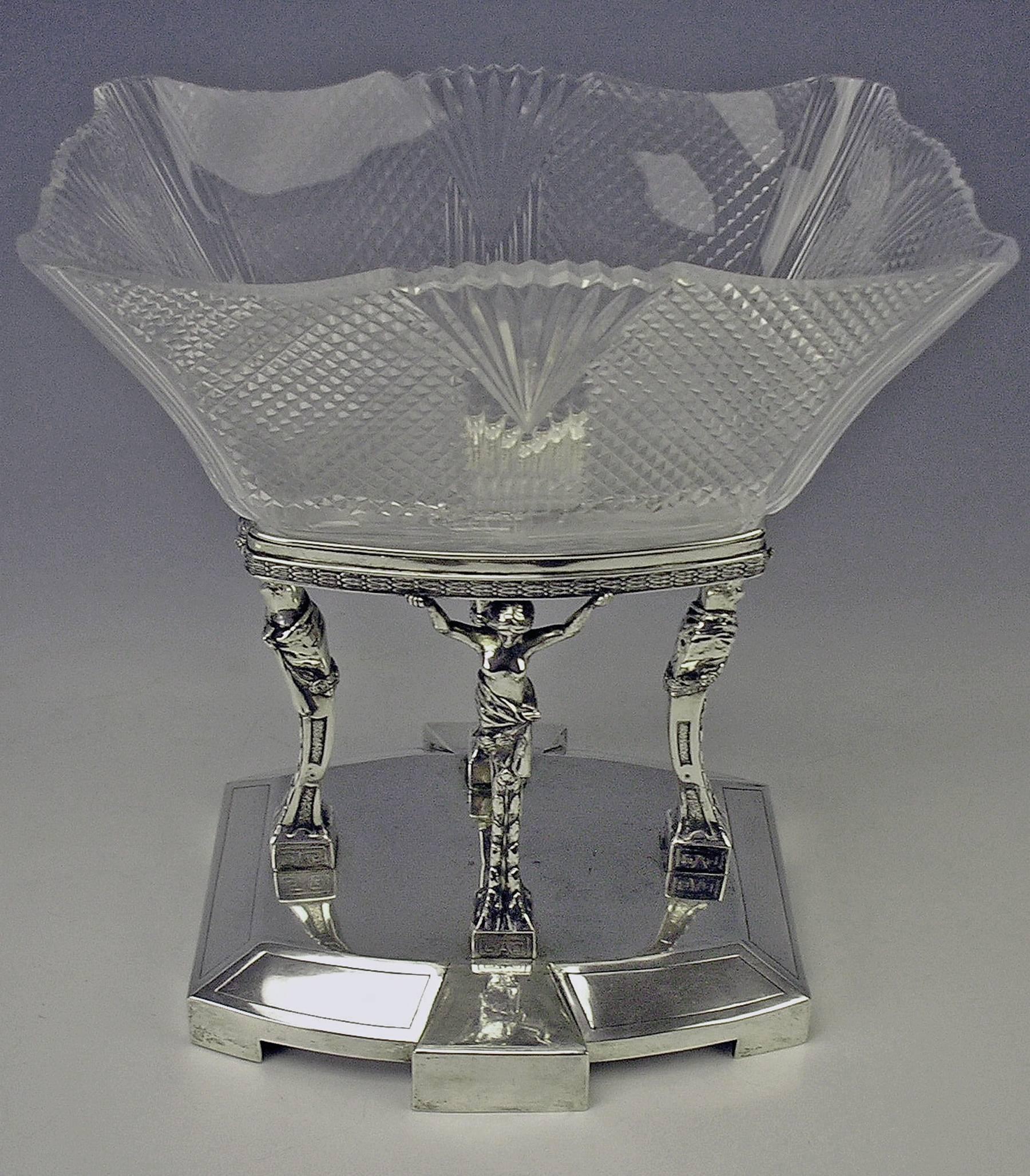 Silver antique Art Nouveau nicest and tall centrepiece with gorgeous glass bowl, manufactured in old imperial Austria (Prague).

Dating: circa 1900-1905

Silver 800 (hallmarked by old imperial Austrian stamp 1872-1922, So-said Diana's head mark,