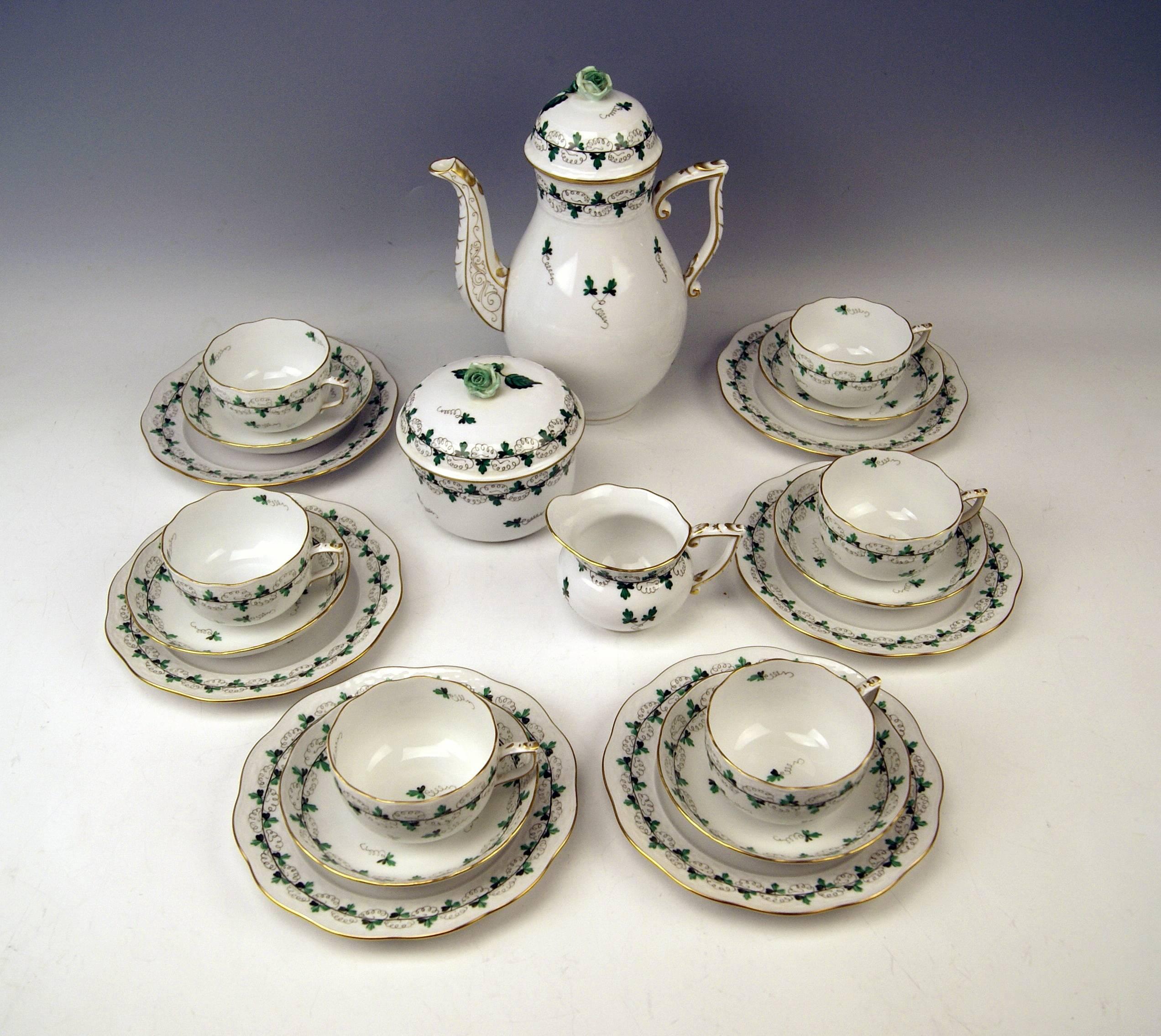 We invite you here to look at a splendid as well as nicest Herend coffee set for six persons: 

This Herend coffee set is of finest appearance due to its delicate green leaves paintings laid on white porcelain as well as due to golden painted