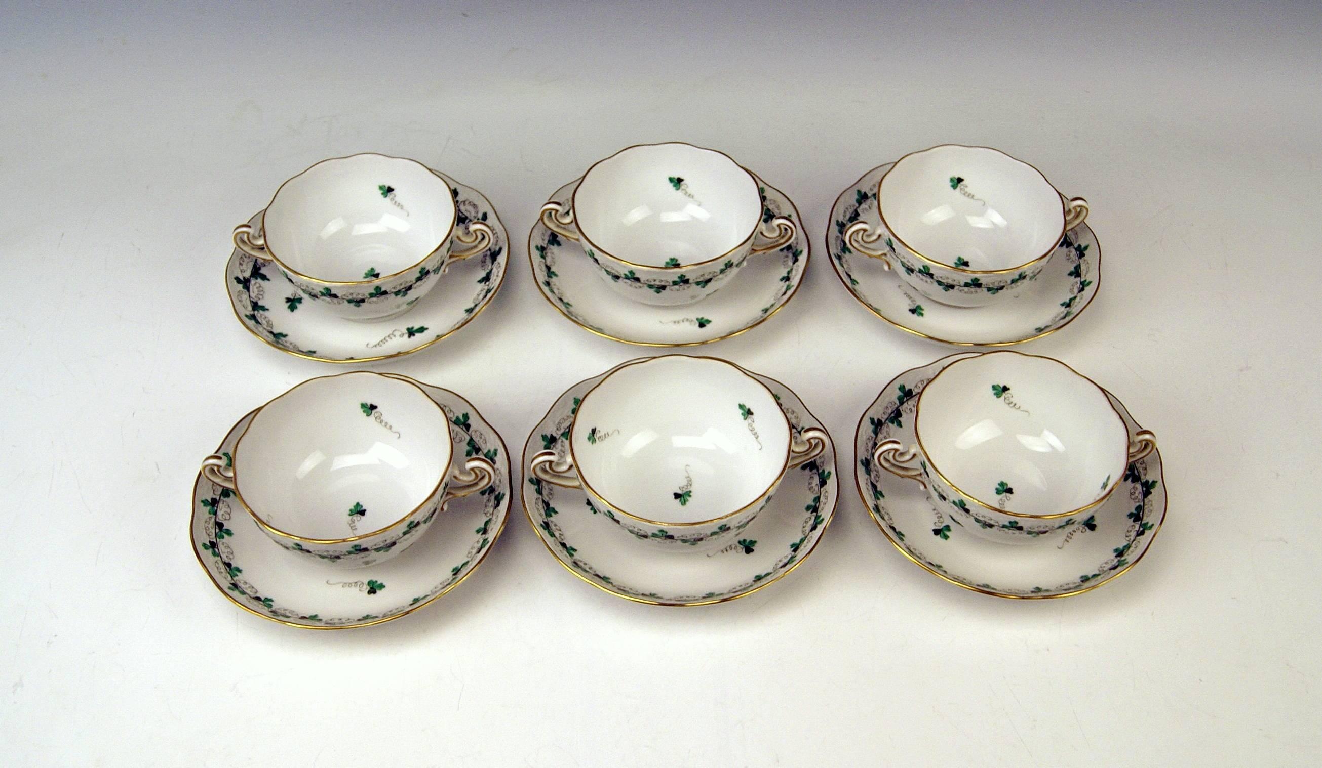 We invite you here to look at splendid as well as nicest Herend soup bowls (set of six dishes): 

These Herend soup bowls are of finest appearance due to delicate green leaves paintings laid on white porcelain as well as due to golden painted