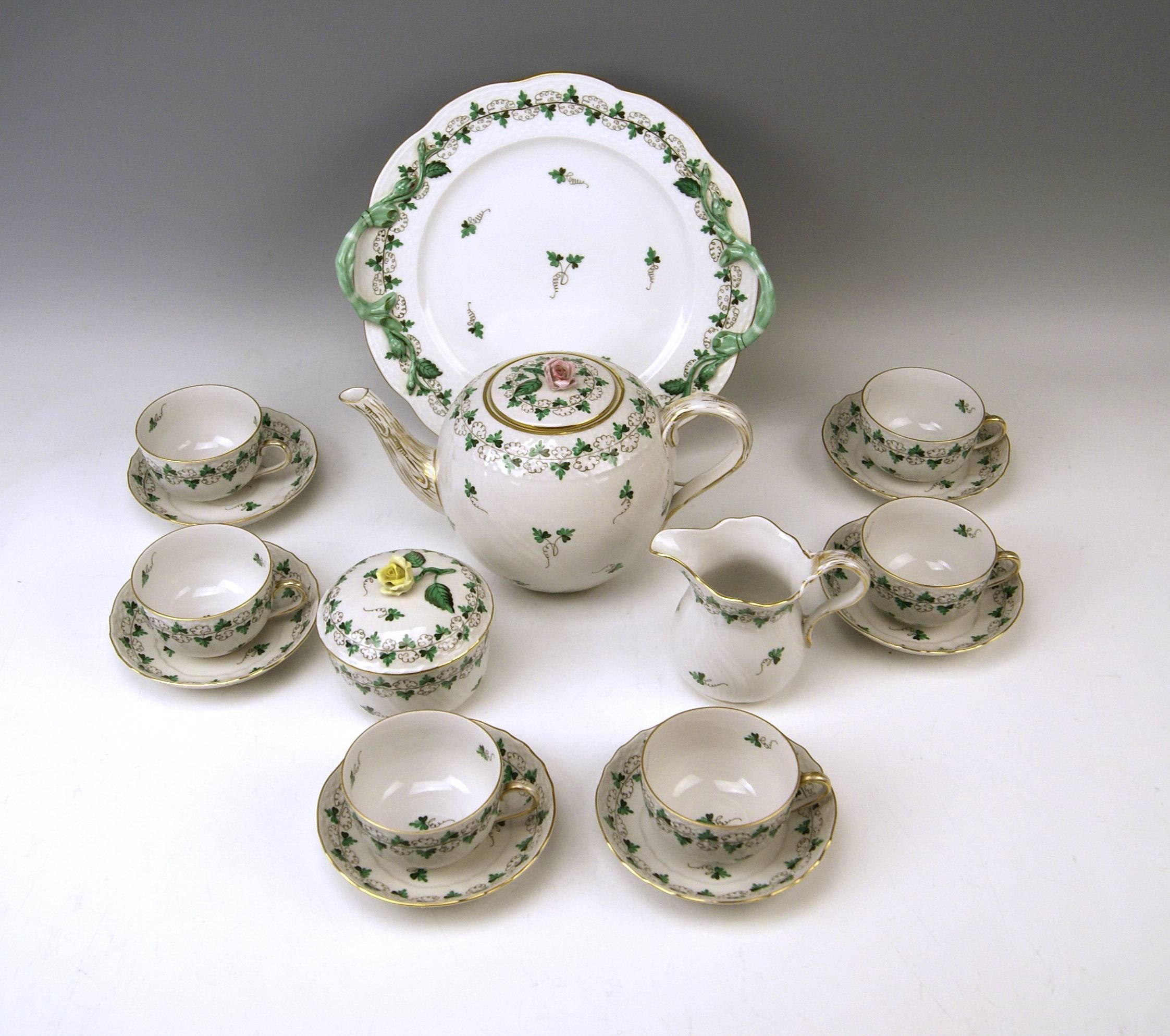 We invite you here to look at a splendid as well as nicest Herend tea set for six persons: 

This Herend tea set is of finest appearance due to its delicate green leaves paintings laid on white porcelain as well as due to golden painted edges.