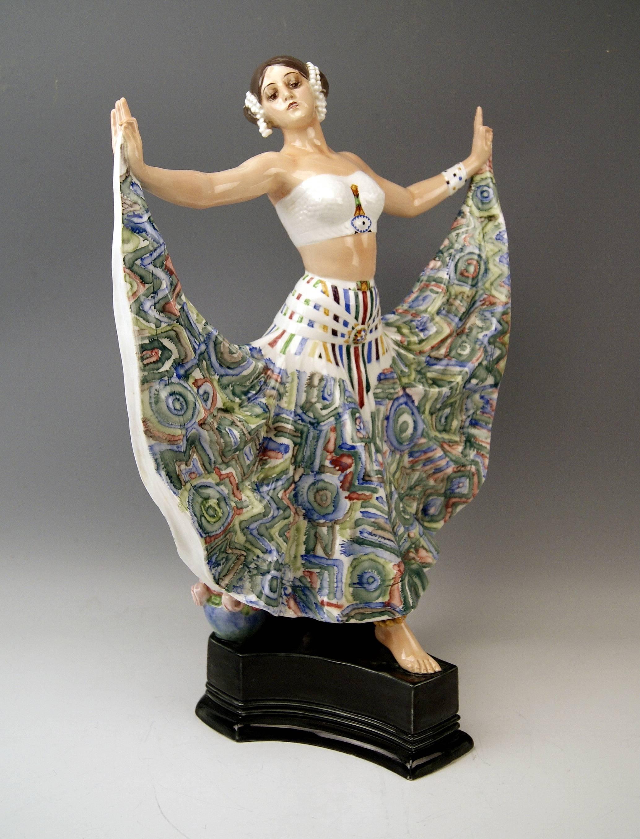 Goldscheider vienna gorgeous tall lady dancer.
(height 21.65 inches).

Designed by ROSÉ /  it is a pseudonym of a sculptor who created many designs on behalf of Goldscheider manufactory (it isn't fully cleared up until nowadays who the real