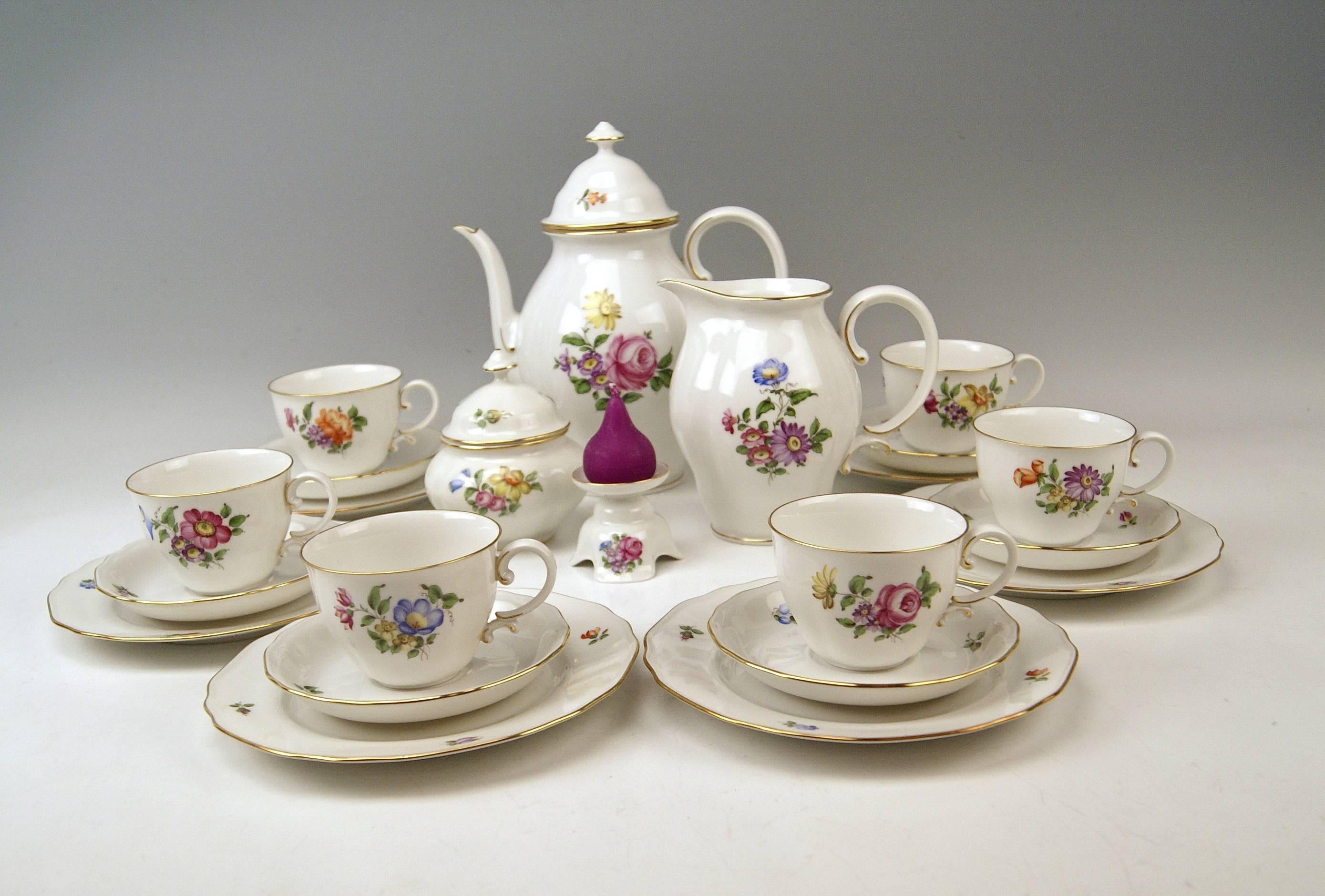 We invite you here to look at a splendid as well as nicest Augarten Vienna coffee set for six persons: 

This Viennese Augarten coffee set is of finest elegance due to its delicate multicolored paintings depicting various flower's blossoms with