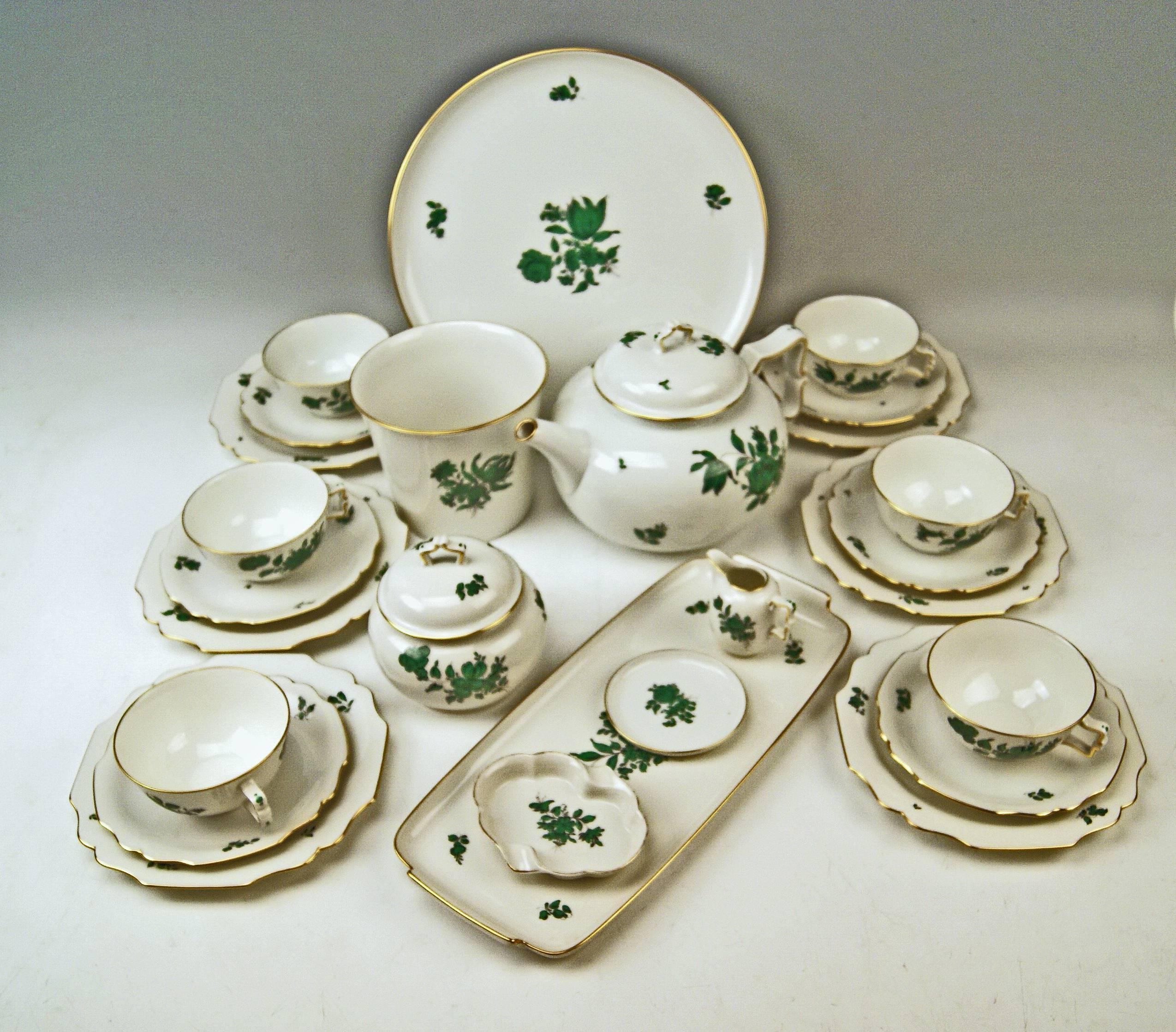 We invite you here to look at a splendid as well as nicest Augarten Vienna tea set for six persons: 

This Augarten tea set is of finest elegance due to its delicate green monochrome paintings depicting various flower's blossoms with leaves as