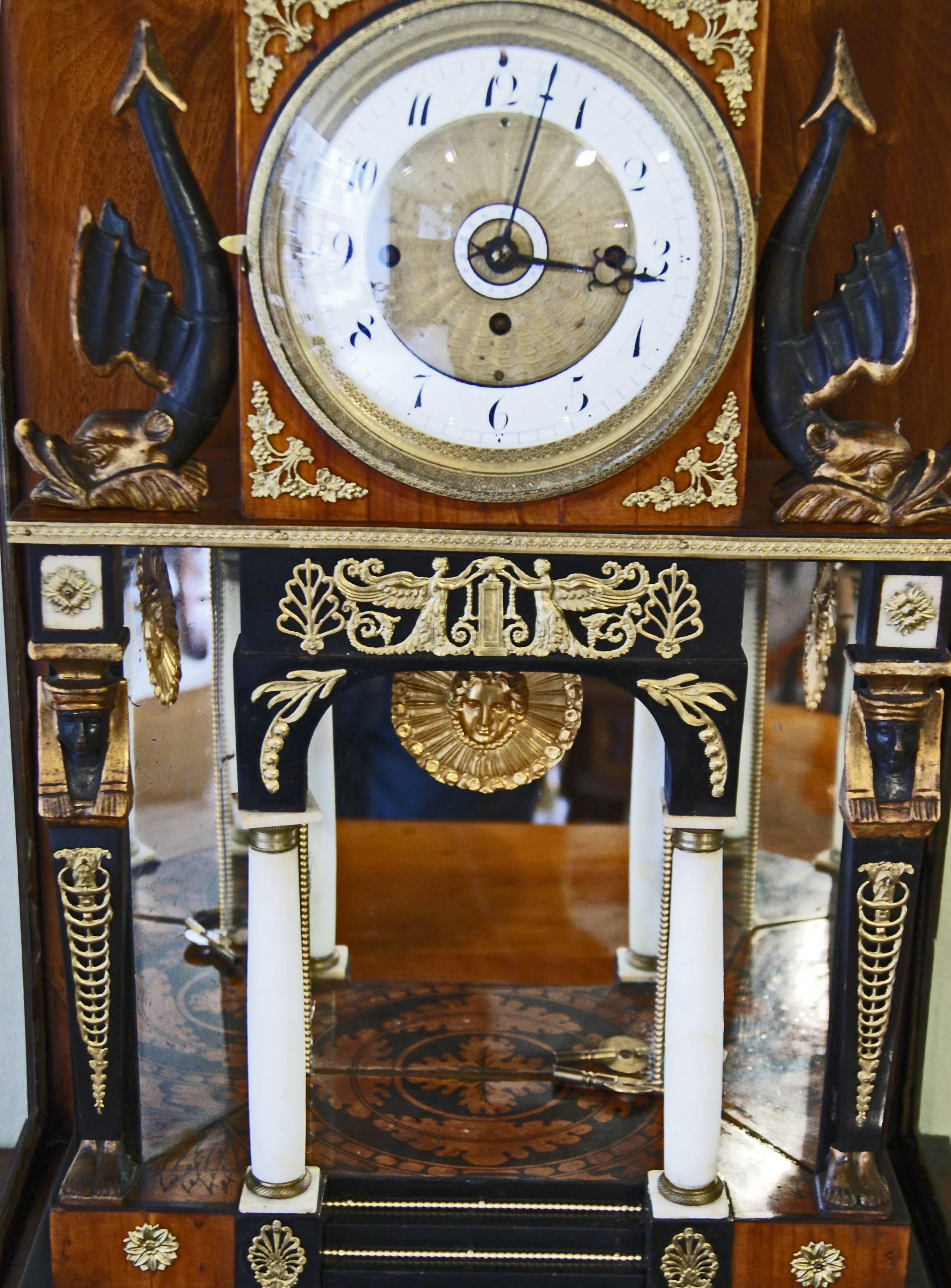 Brass Vienna Empire Mantel Table Clock Wooden Chest, circa 1815