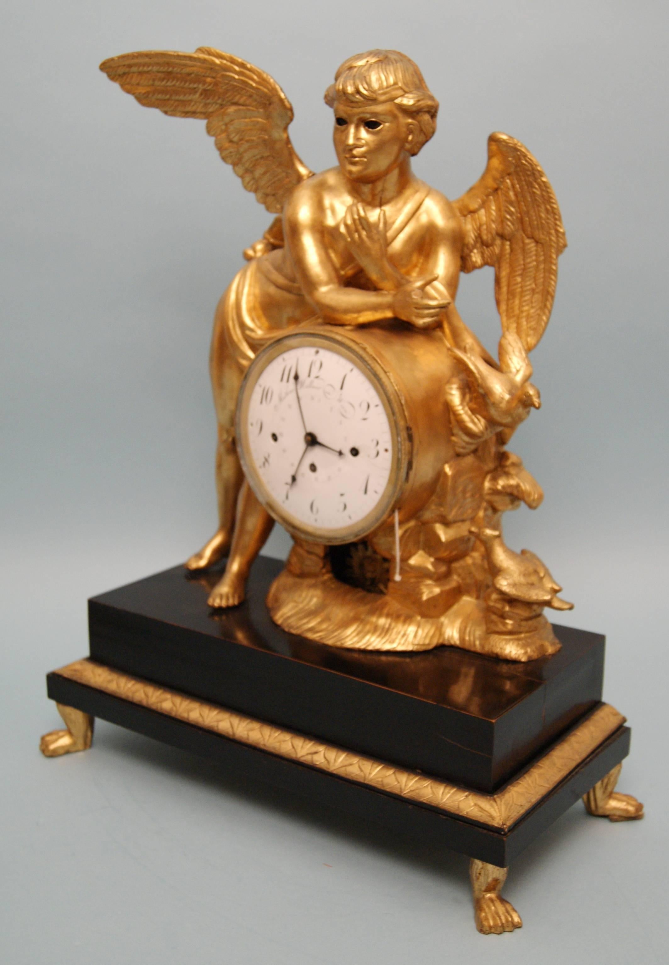 Empire Vienna Classicism Mantel Table Clock Gilt Winged Cherub, circa 1800