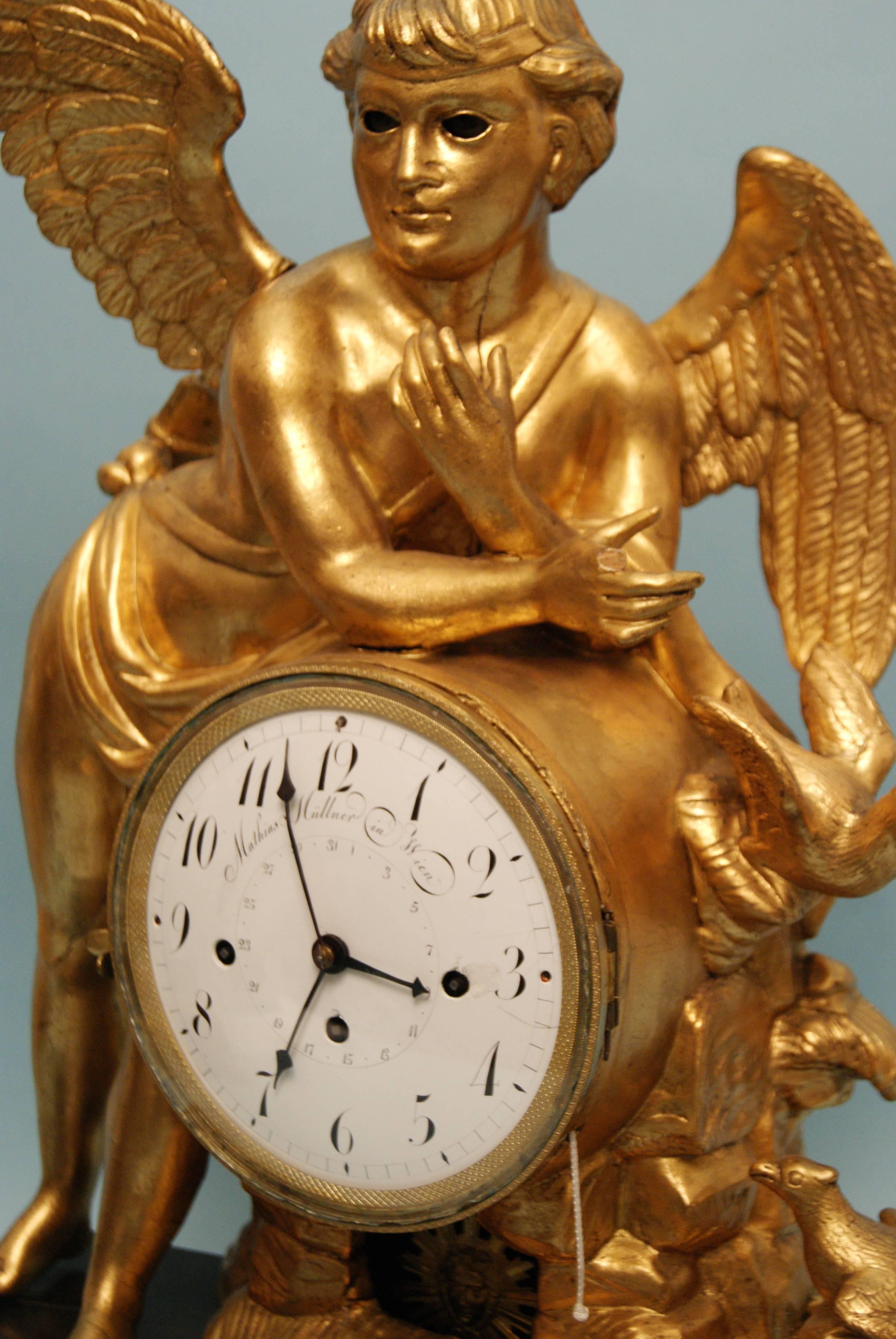 Vienna Classicism Mantel Table Clock Gilt Winged Cherub, circa 1800 1