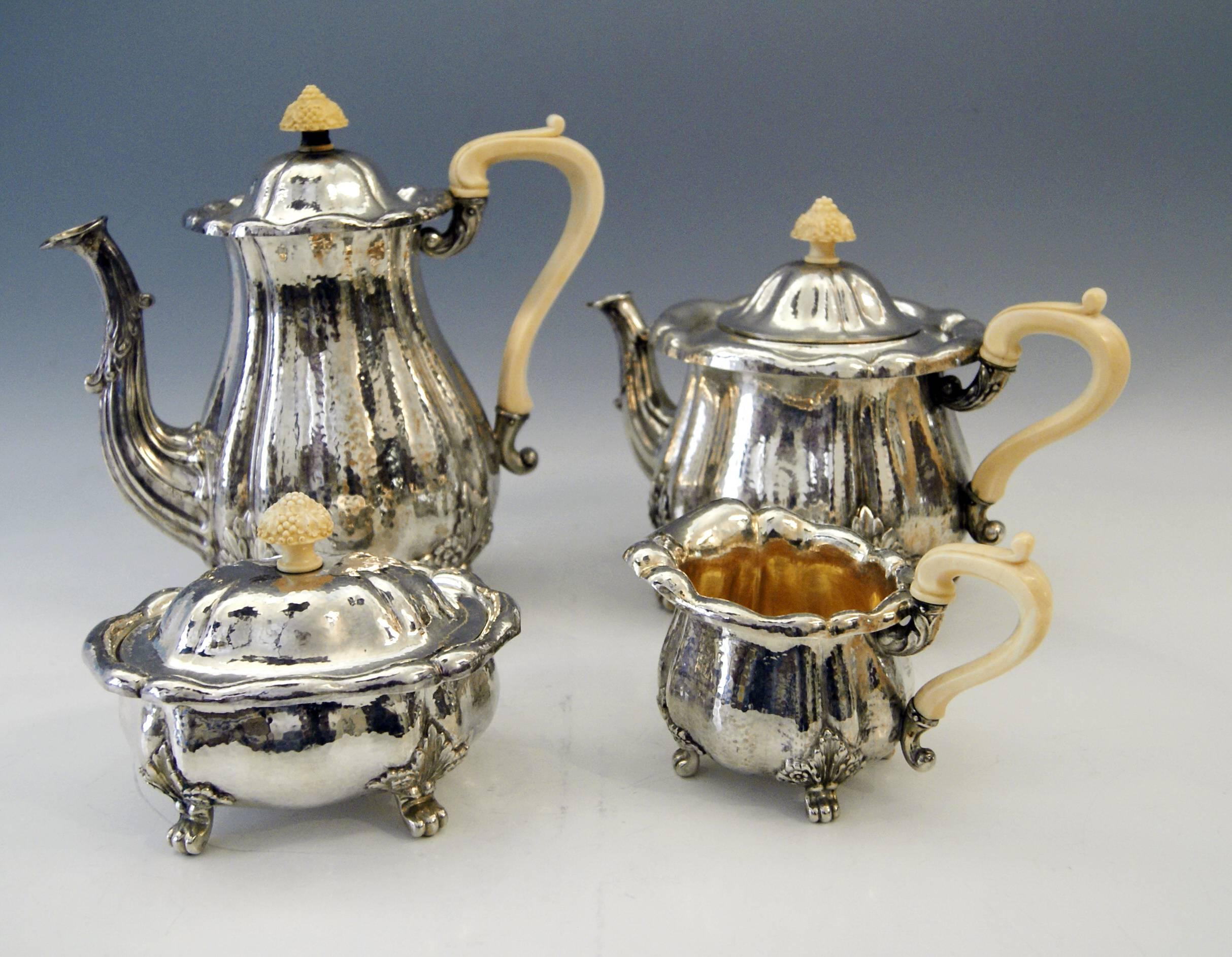 Silver stunning coffee / tea set in Baroque Style, Germany.
Manufactured by J.D. Schleissner & Sons (Hanau), made circa 1890.

 This set consists of various parts:
Coffee pot height: 9.64 inches (24.5 cm).
Tea pot height: 7.28 inches (18.5