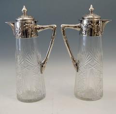 Silver Austria Viennese Pair of Glass Decanters Carafes, circa 1900