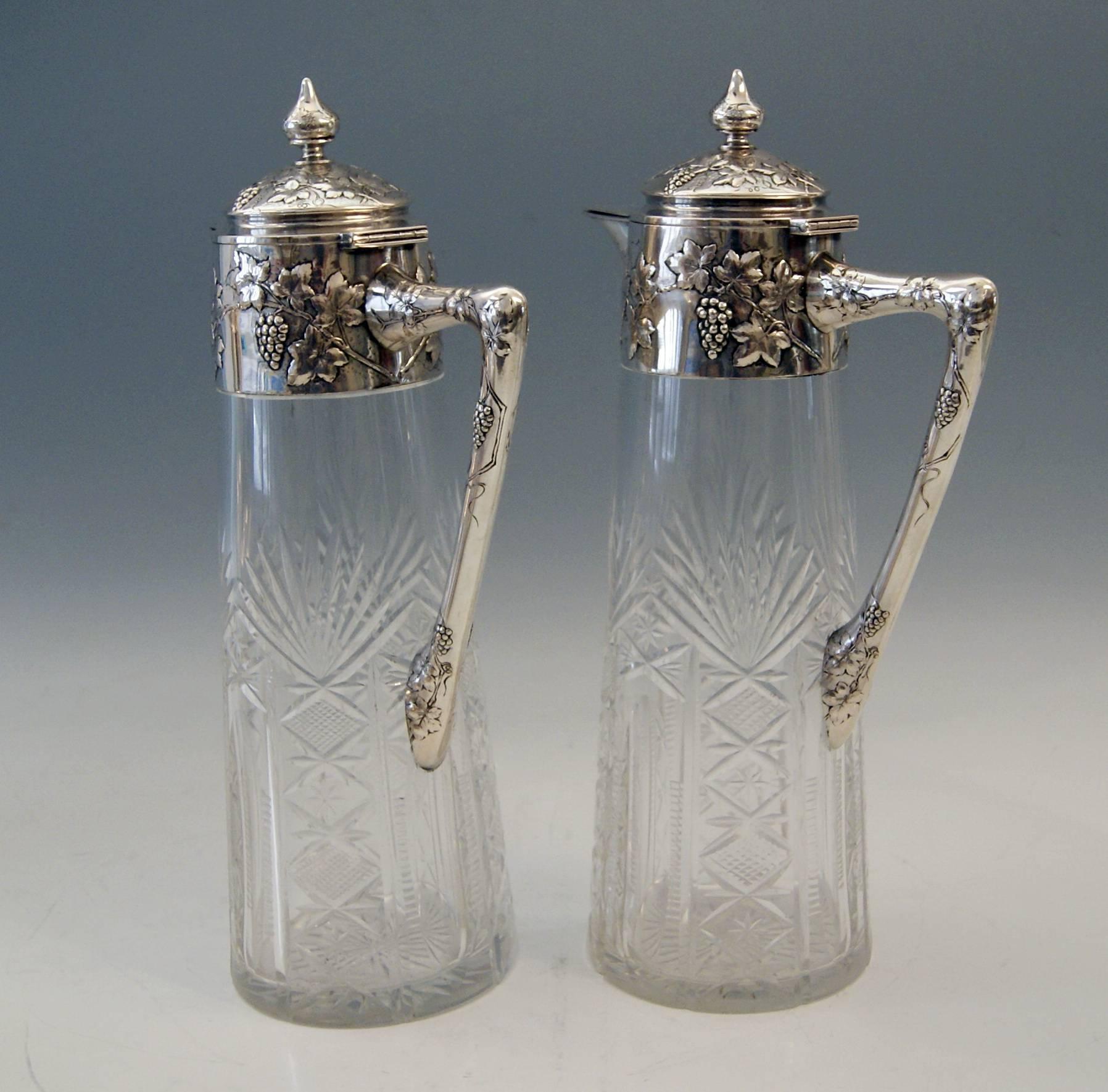 Art Nouveau  Silver Austria Viennese Pair of Glass Decanters Carafes, circa 1900