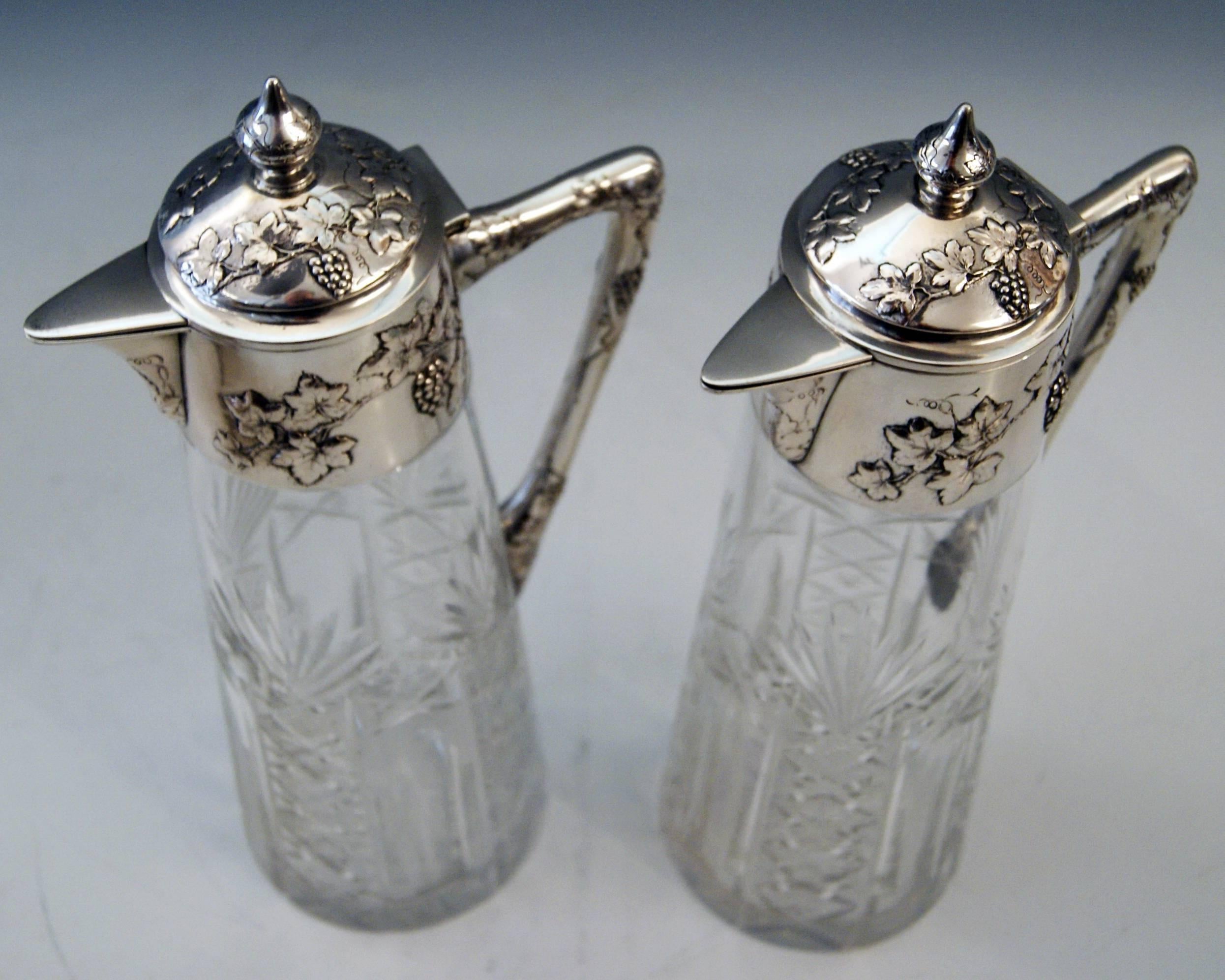 Austrian  Silver Austria Viennese Pair of Glass Decanters Carafes, circa 1900