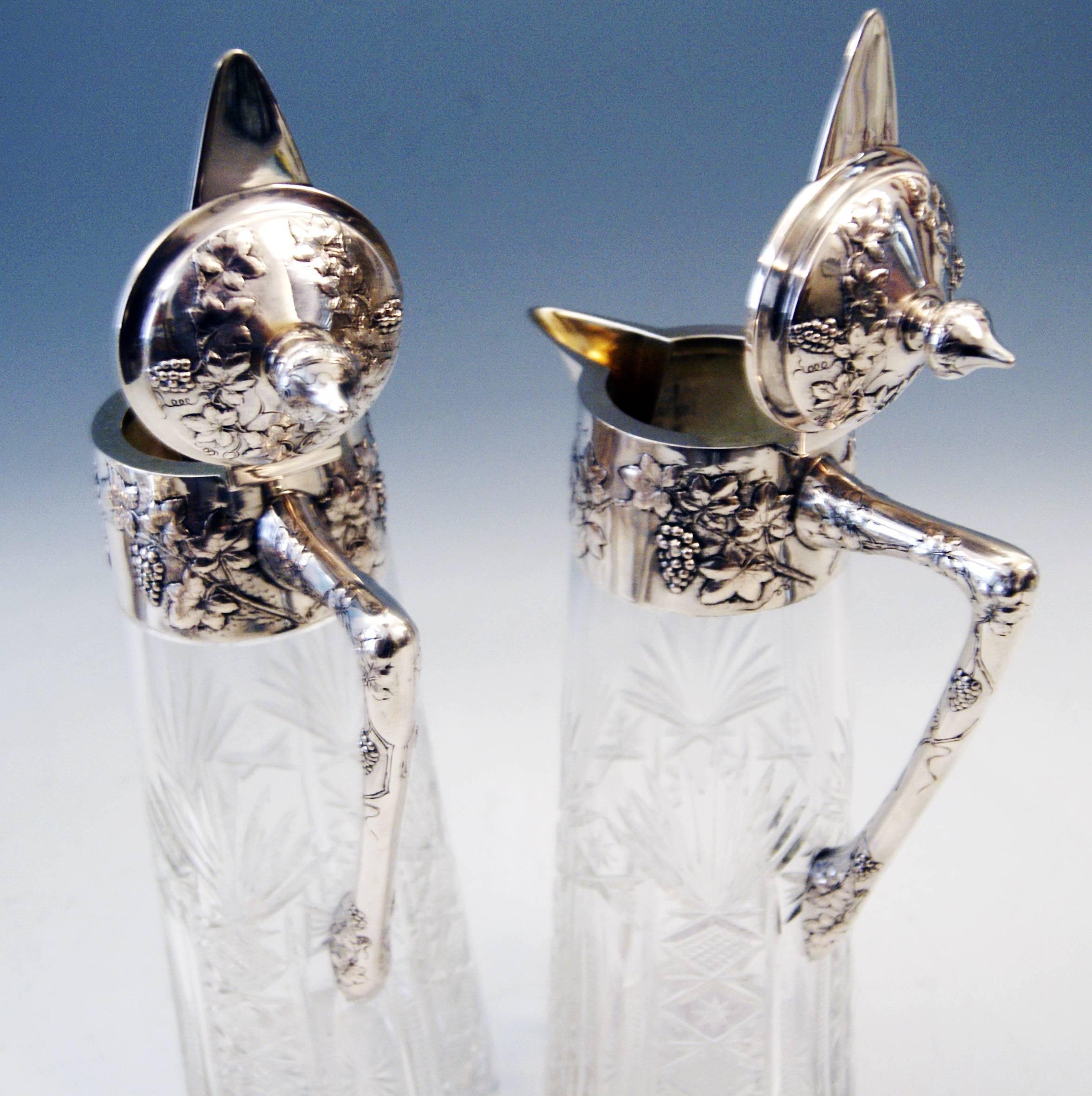 Early 20th Century  Silver Austria Viennese Pair of Glass Decanters Carafes, circa 1900