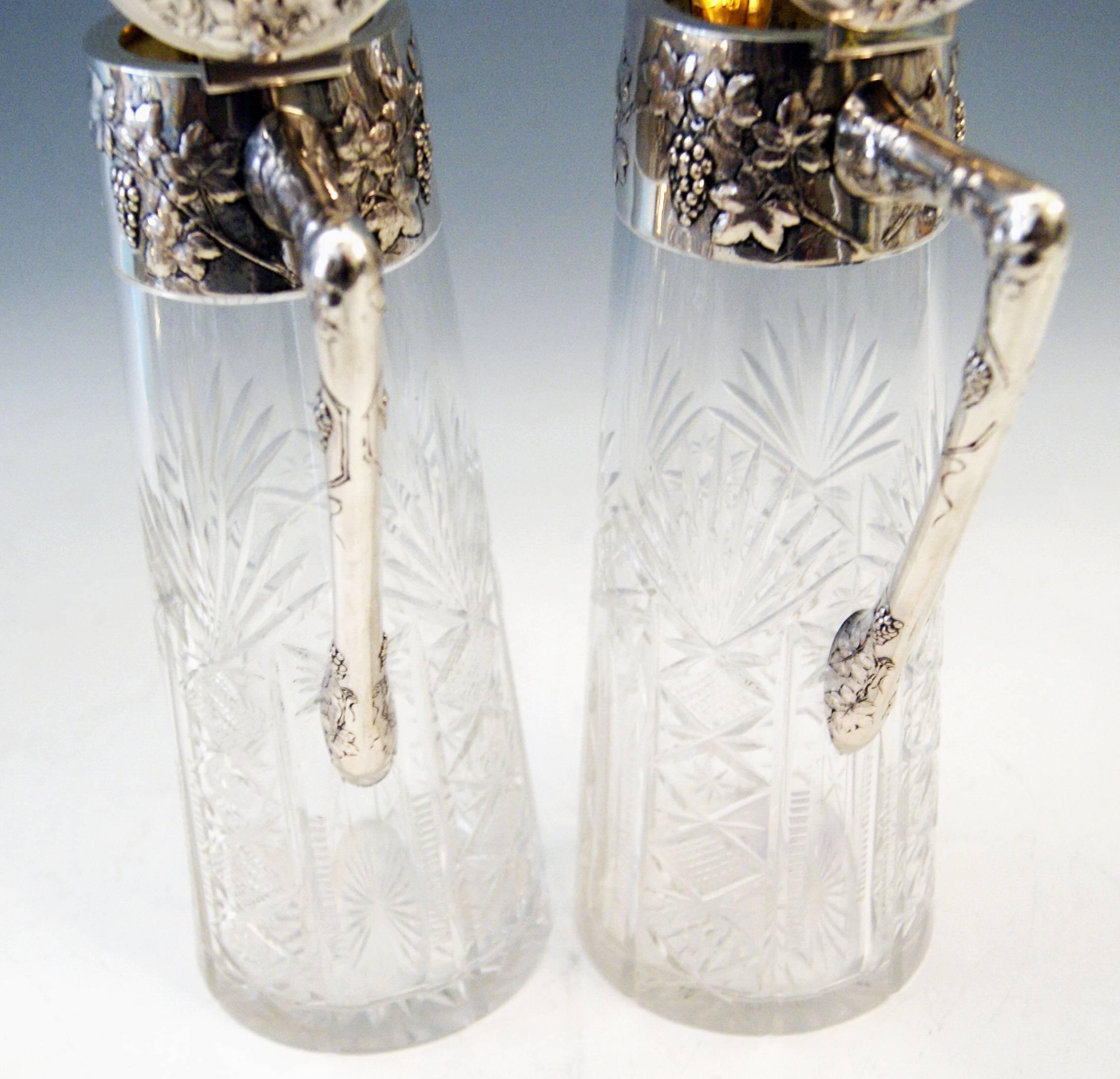  Silver Austria Viennese Pair of Glass Decanters Carafes, circa 1900 1