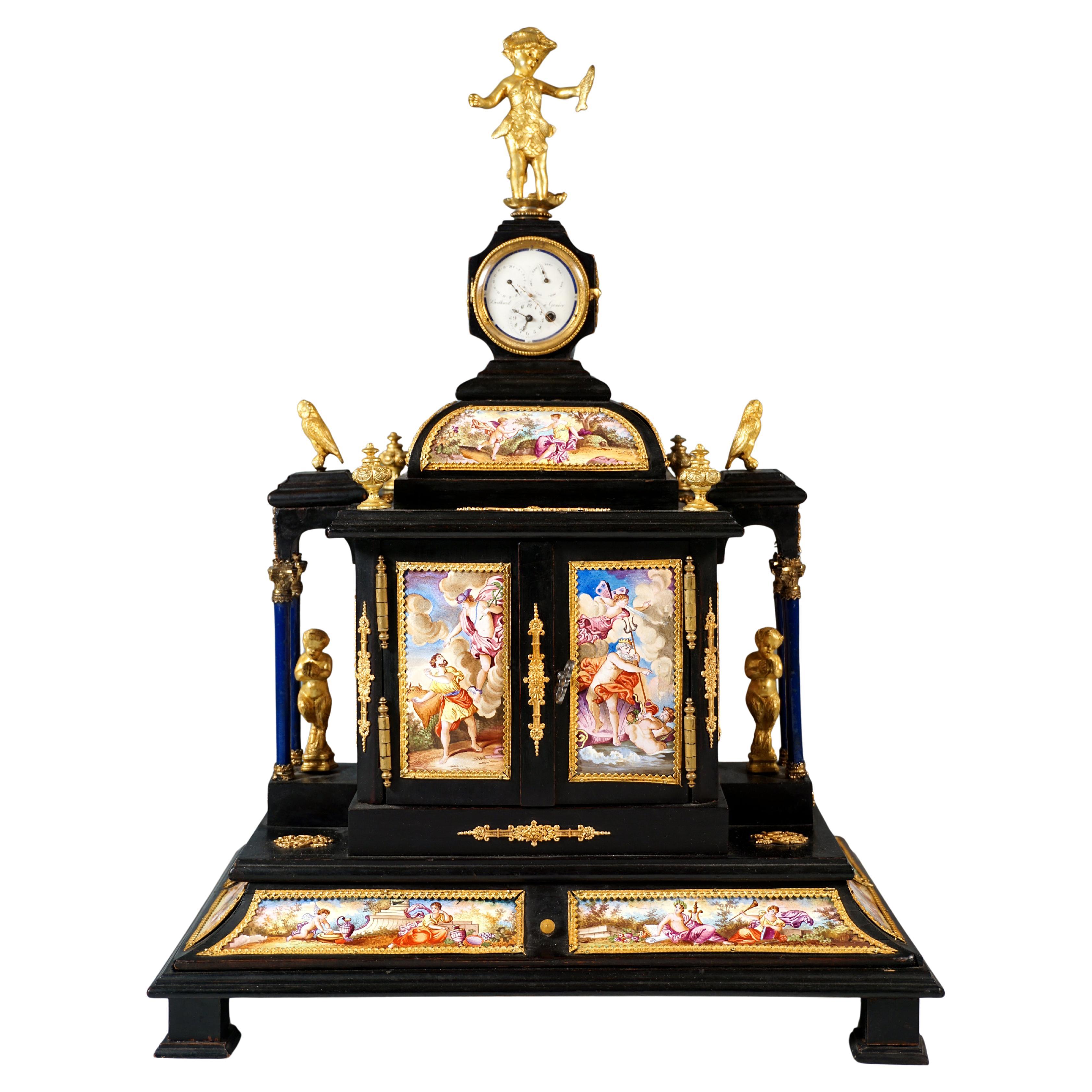 Noble Viennese Jewel Case With Enamel Paintings, Bronze Figures & Clock, Ca 1870