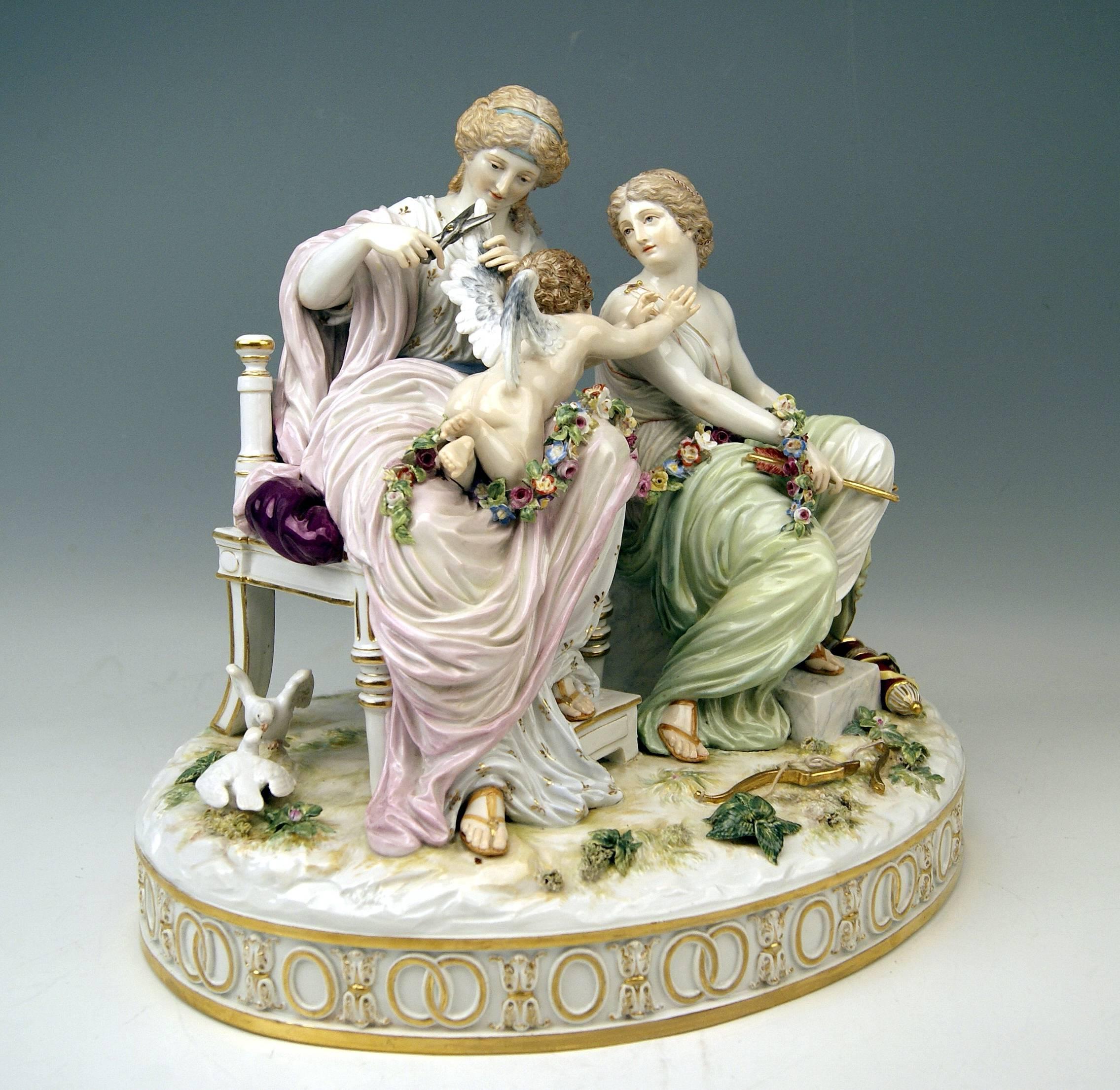 Meissen gorgeous rare and tall figurine group:
Cupid being in dire straits.
 
Manufactory: Meissen.
Hallmarked: Blue Meissen Sword Mark (underglazed).
First quality.
Dating: Made circa 1870.
Material: Porcelain, glossy finish, multicolored