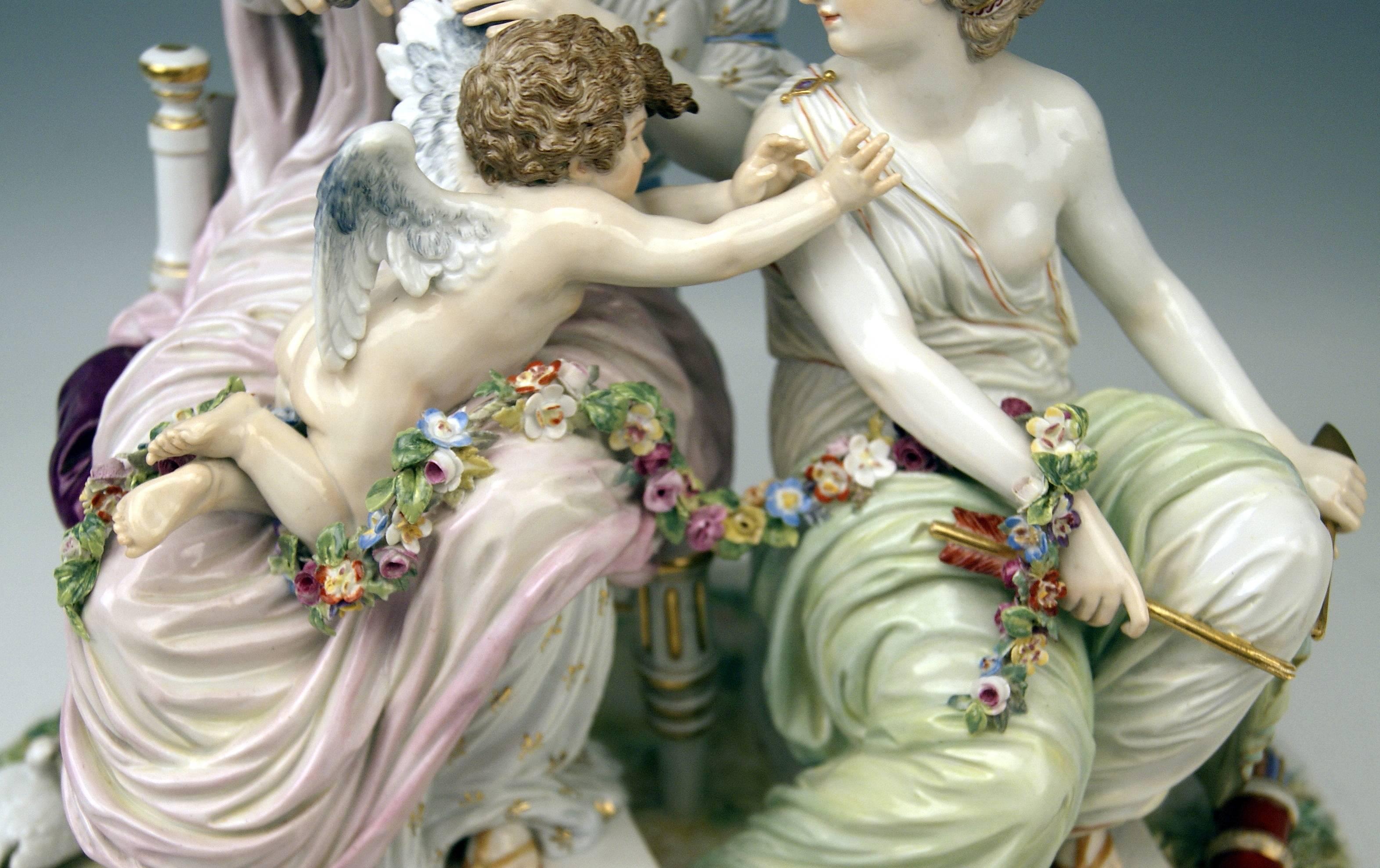 Painted Meissen Tall Figurines Cupid in Dire Straits by C. G. Juechtzer, circa 1870 