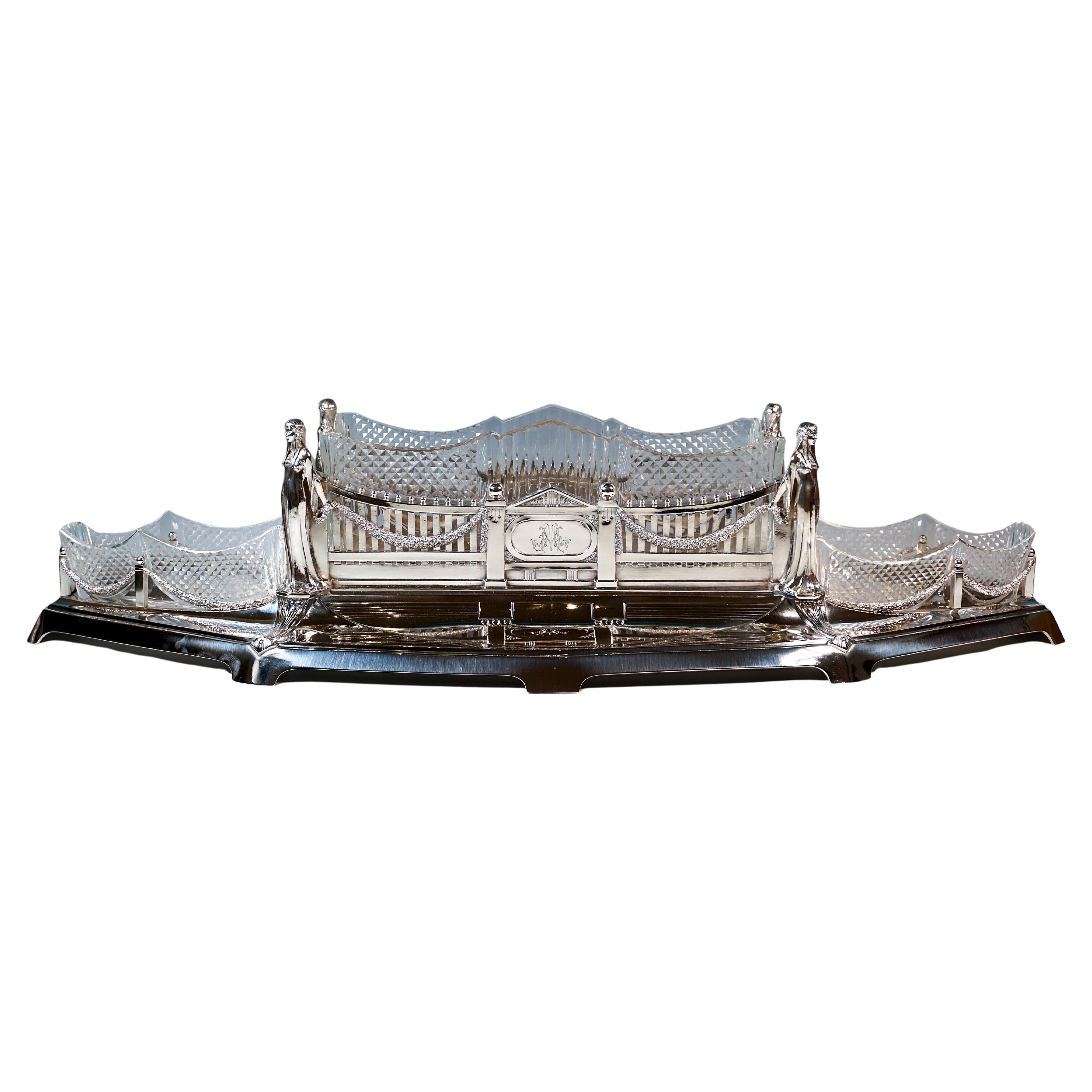 Très grande jardinière en argent avec 3 verres, Wilkens & Sons, Allemagne 1906 en vente