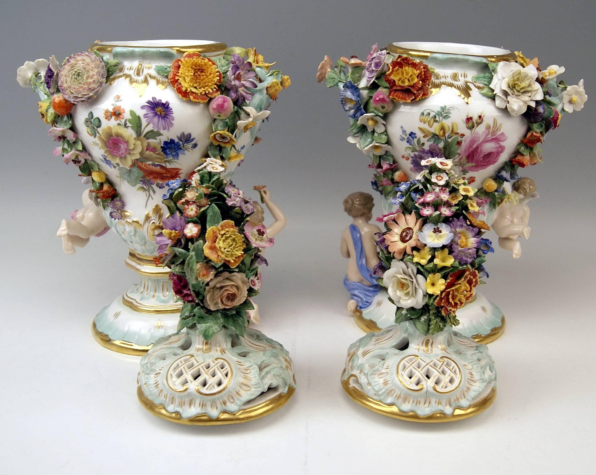 Meissen Two Tall Potpourri Vases Vintage Abundant Sculptured