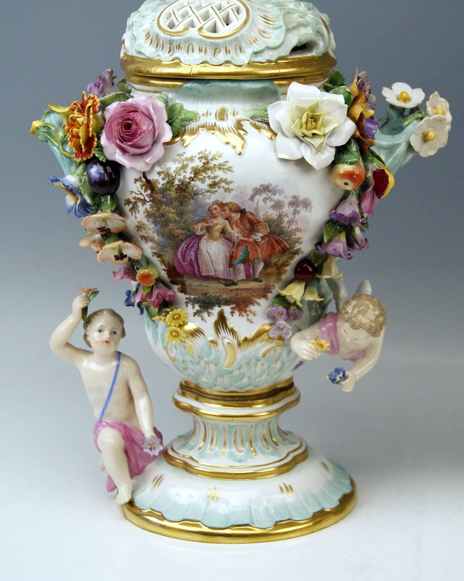 Meissen Two Tall Potpourri Vases Vintage Abundant Sculptured