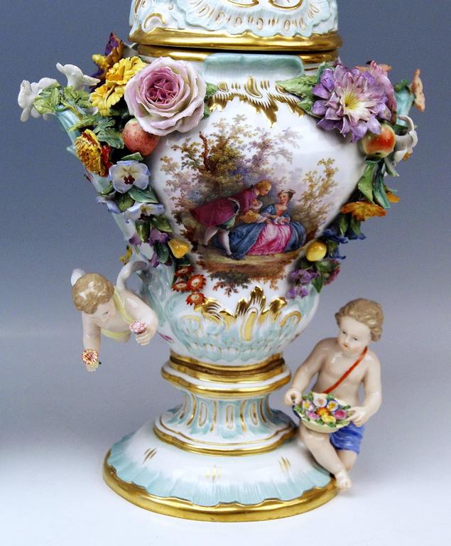 Meissen Two Tall Potpourri Vases Vintage Abundant Sculptured
