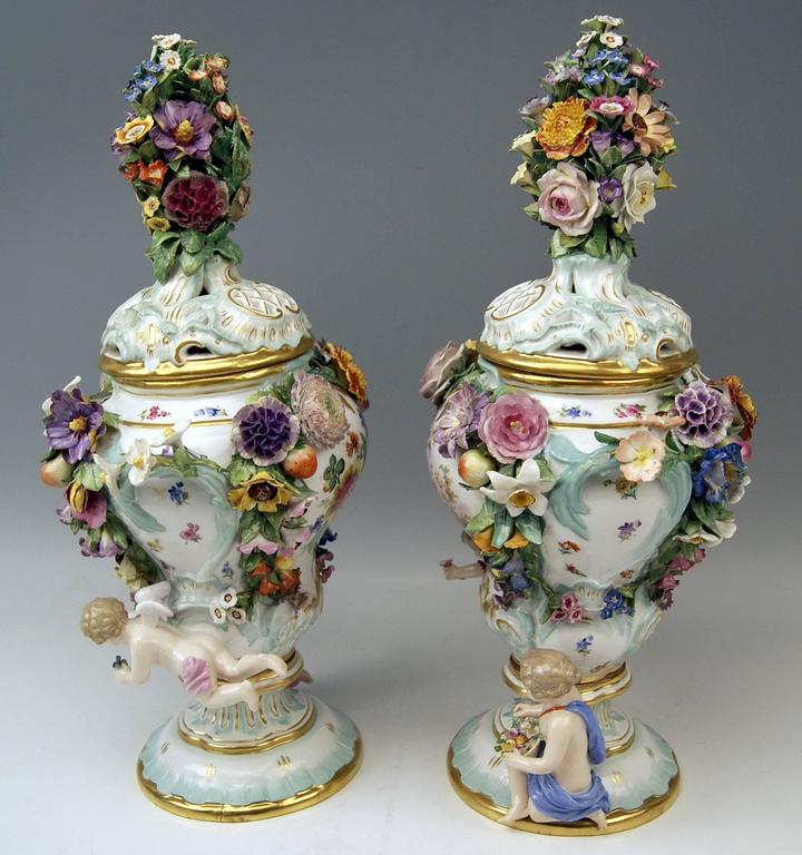Meissen Two Tall Potpourri Vases Vintage Abundant Sculptured Decorations c.1850 at 1stDibs