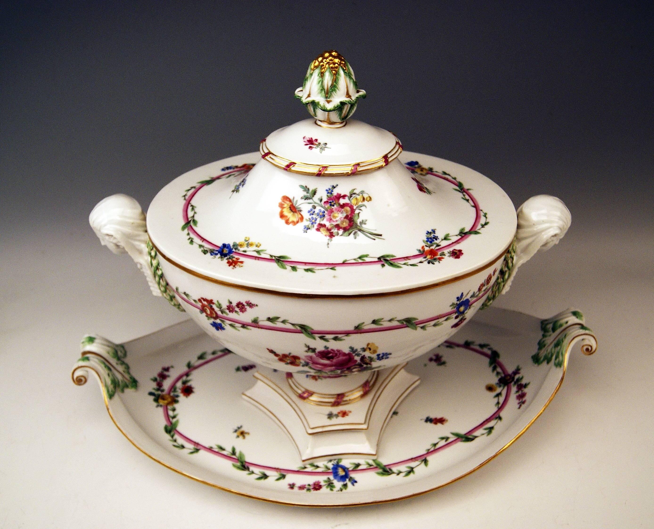 Meissen very interesting items (rarity due to age):
Large lidded tureen with platter / presentoir, of rarest manufacturing quality (painted flowers and sculptured decorations).
 
Manufactory: Meissen.
Hallmarked: Blue Meissen Sword Mark.
First
