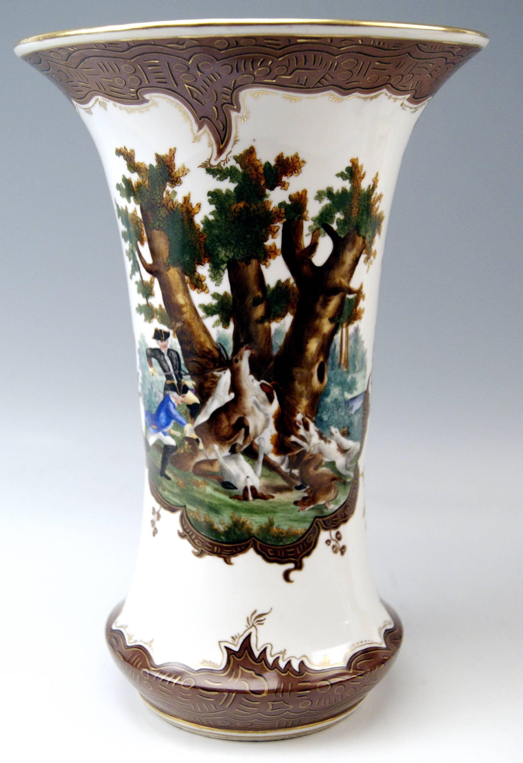 Herend Tall Pair Funneled Painted Vases Hunting Scenes, circa 1900 at
