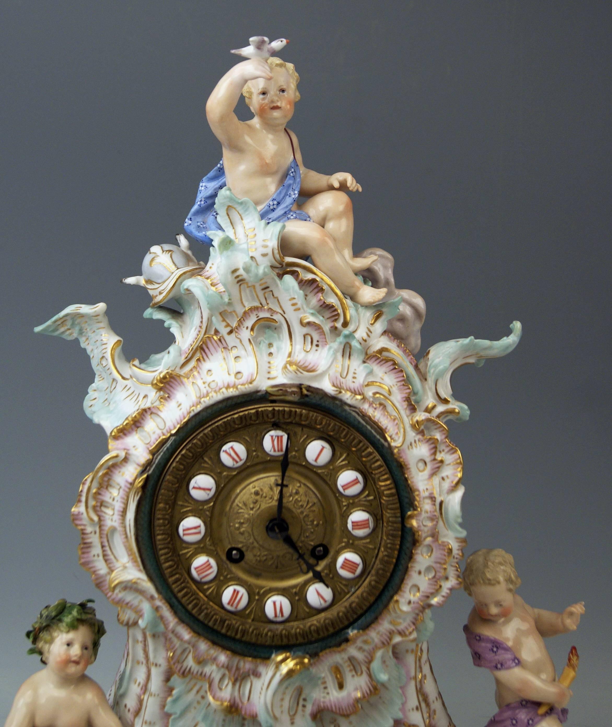 Manufactory: Meissen.
Dating: 19th century / made circa 1860-1870.
Material: White porcelain, glossy finish, finest painting.
Technique: Handmade porcelain.

Detailed description:
Meissen gorgeous table clock of finest manufacturing.

This