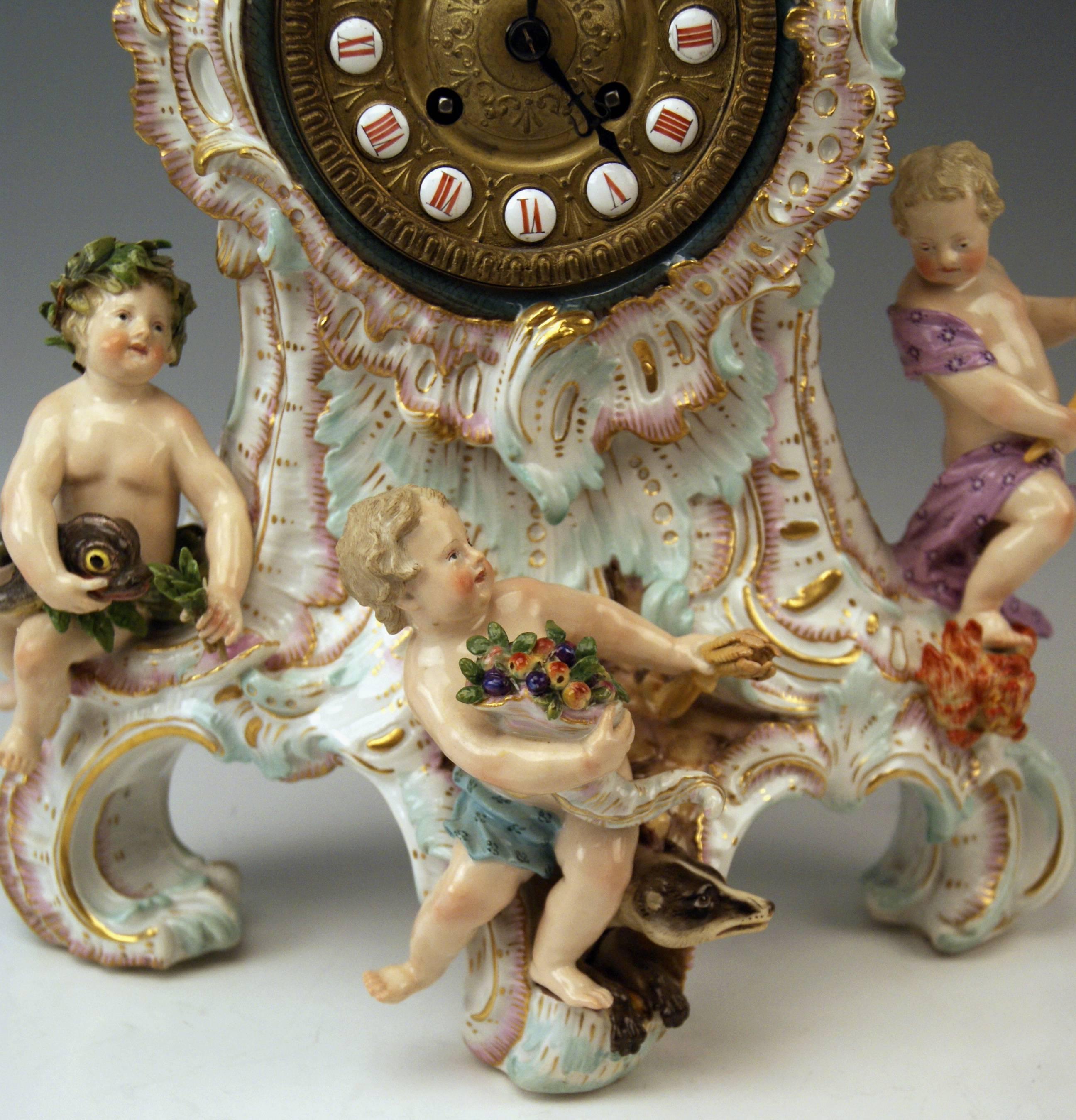 Rococo Meissen Gorgeous Mantle /Table Clock Four Elements Sculptured Cherubs circa 1860