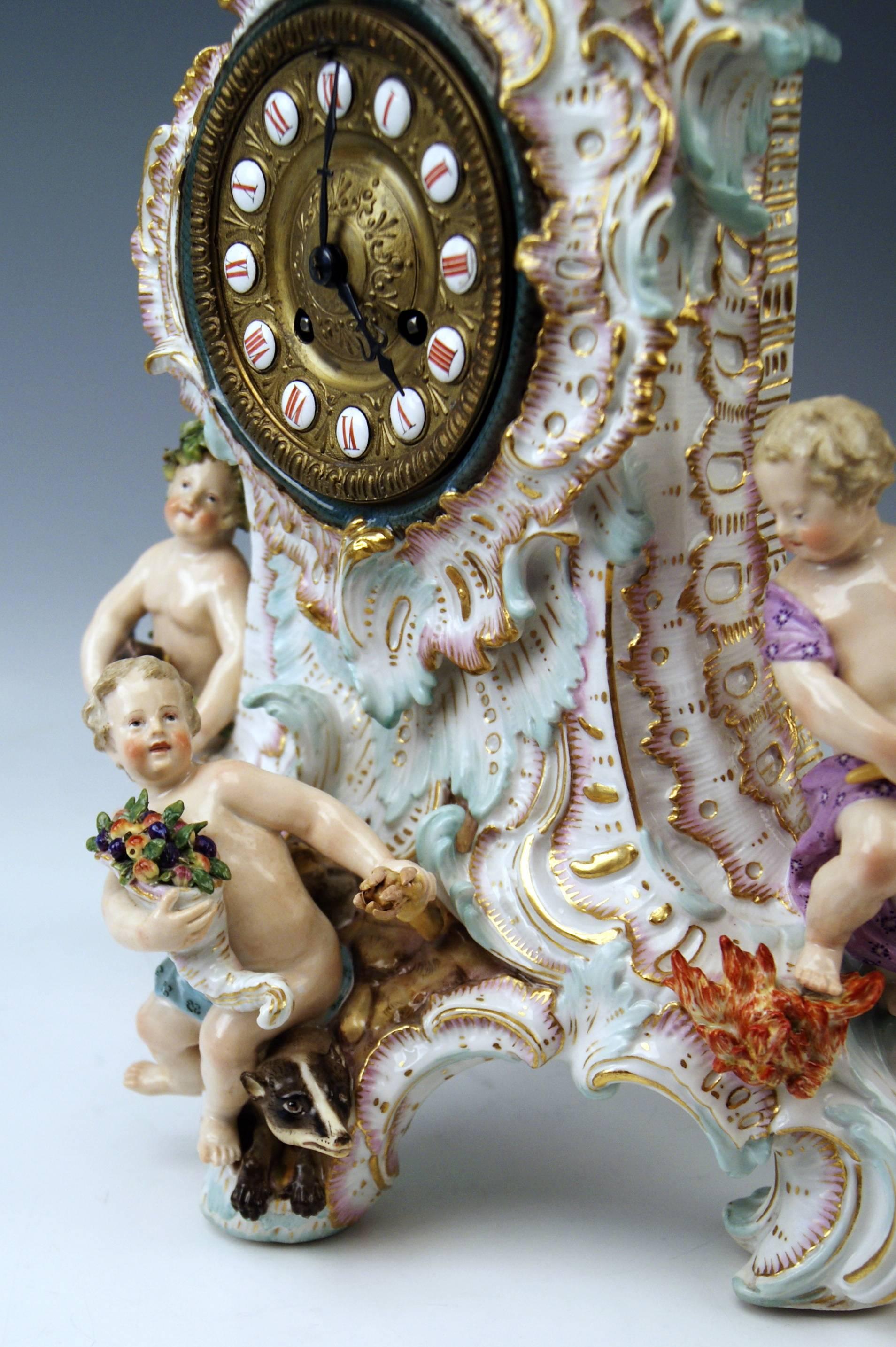 Painted Meissen Gorgeous Mantle /Table Clock Four Elements Sculptured Cherubs circa 1860