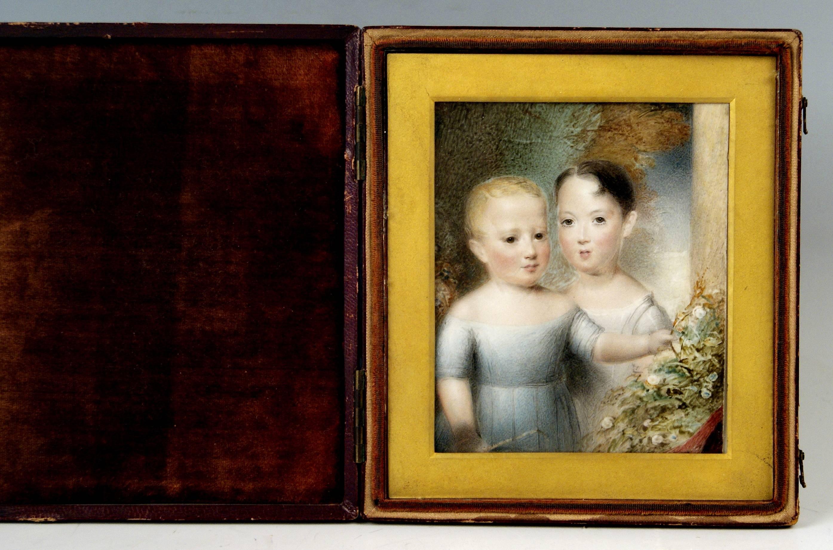 Hand-painted Portrait en miniature (thumbnail) of two lovely children,
Victorian Period.
UK, painted, circa 1860-1870.

Portrait peinte aimable à la main des deux enfants (garçon et fille),
Victorien Période / Ère.
Royaume-Uni, peinture en