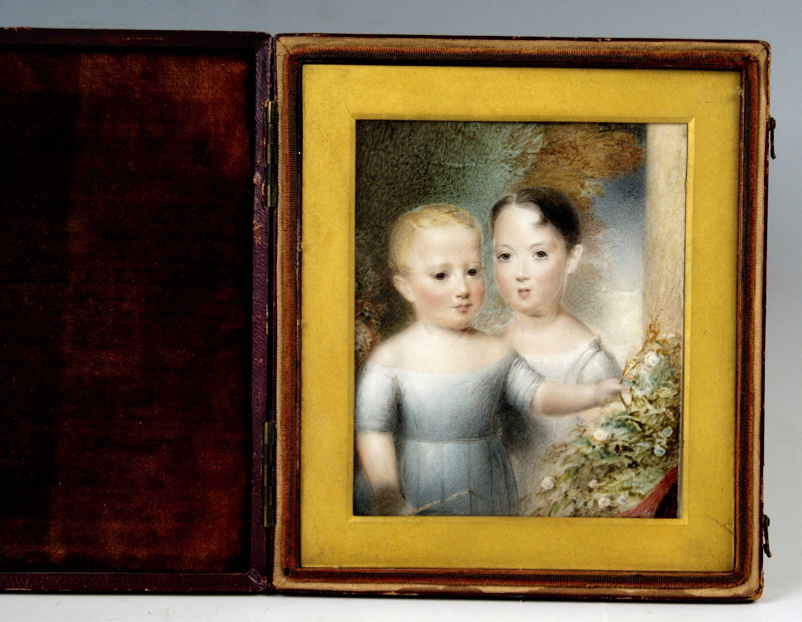 High Victorian Hand-Painted Portrait En Miniature of Two Children UK Follower Beechey, c.1860