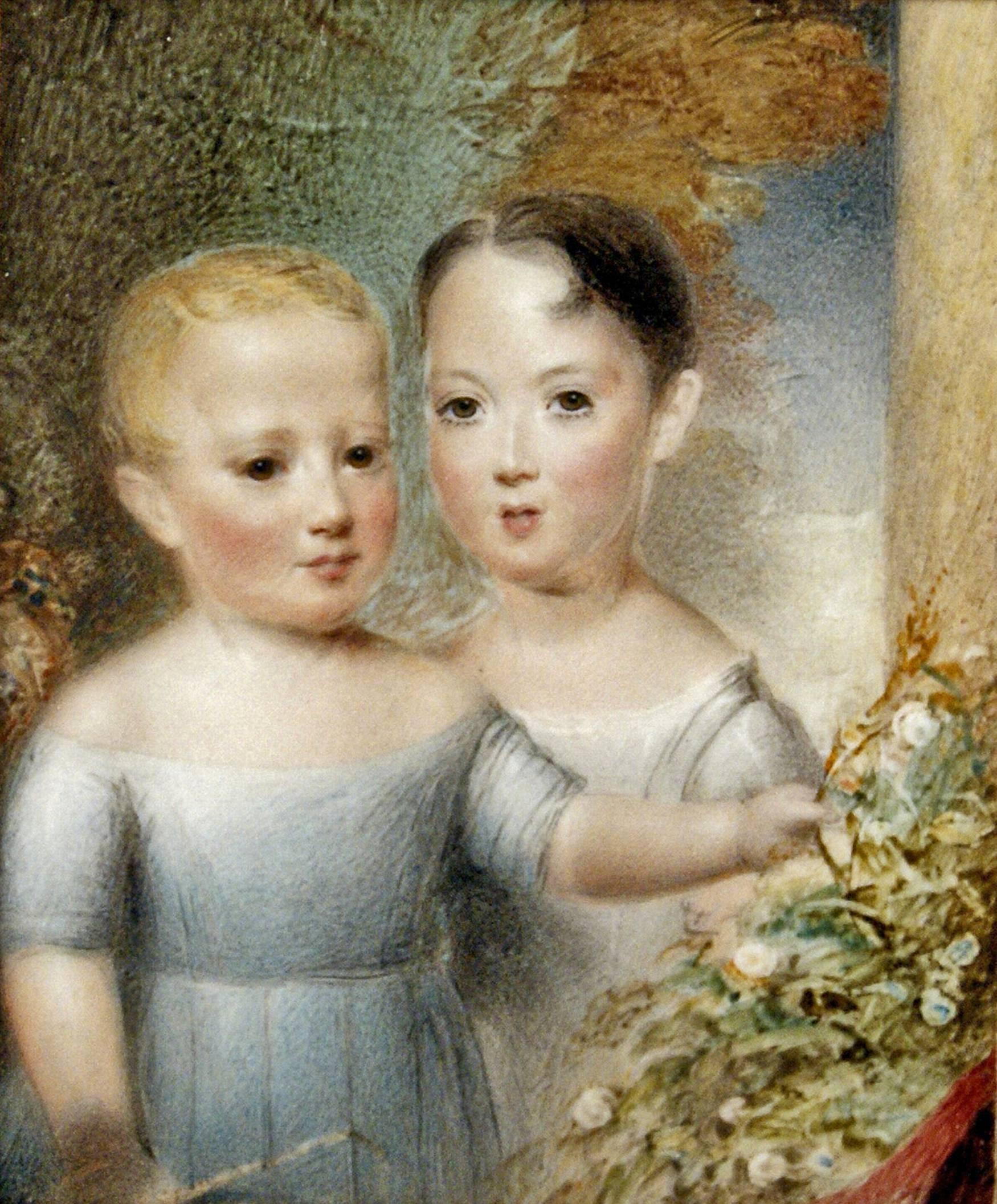 British Hand-Painted Portrait En Miniature of Two Children UK Follower Beechey, c.1860