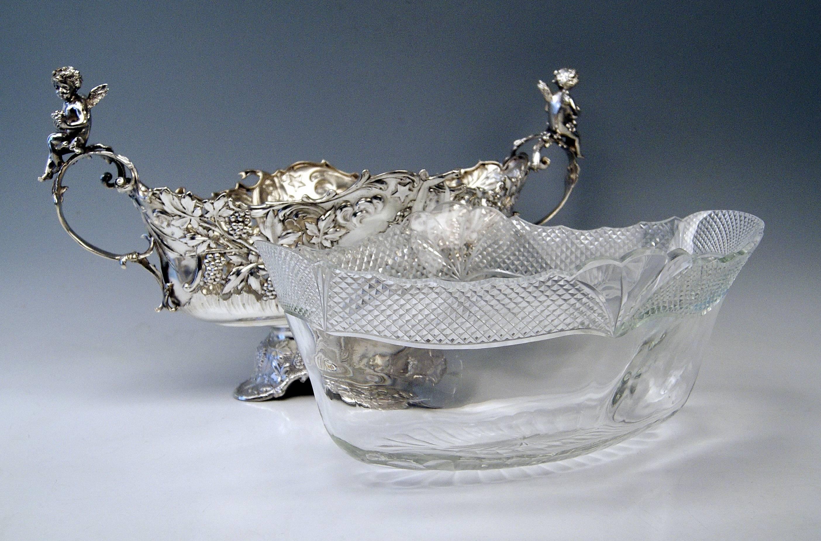 Late Victorian Silver Austrian Huge Flower Bowl Original Glass Karl Jedlicka Vienna, circa 1900