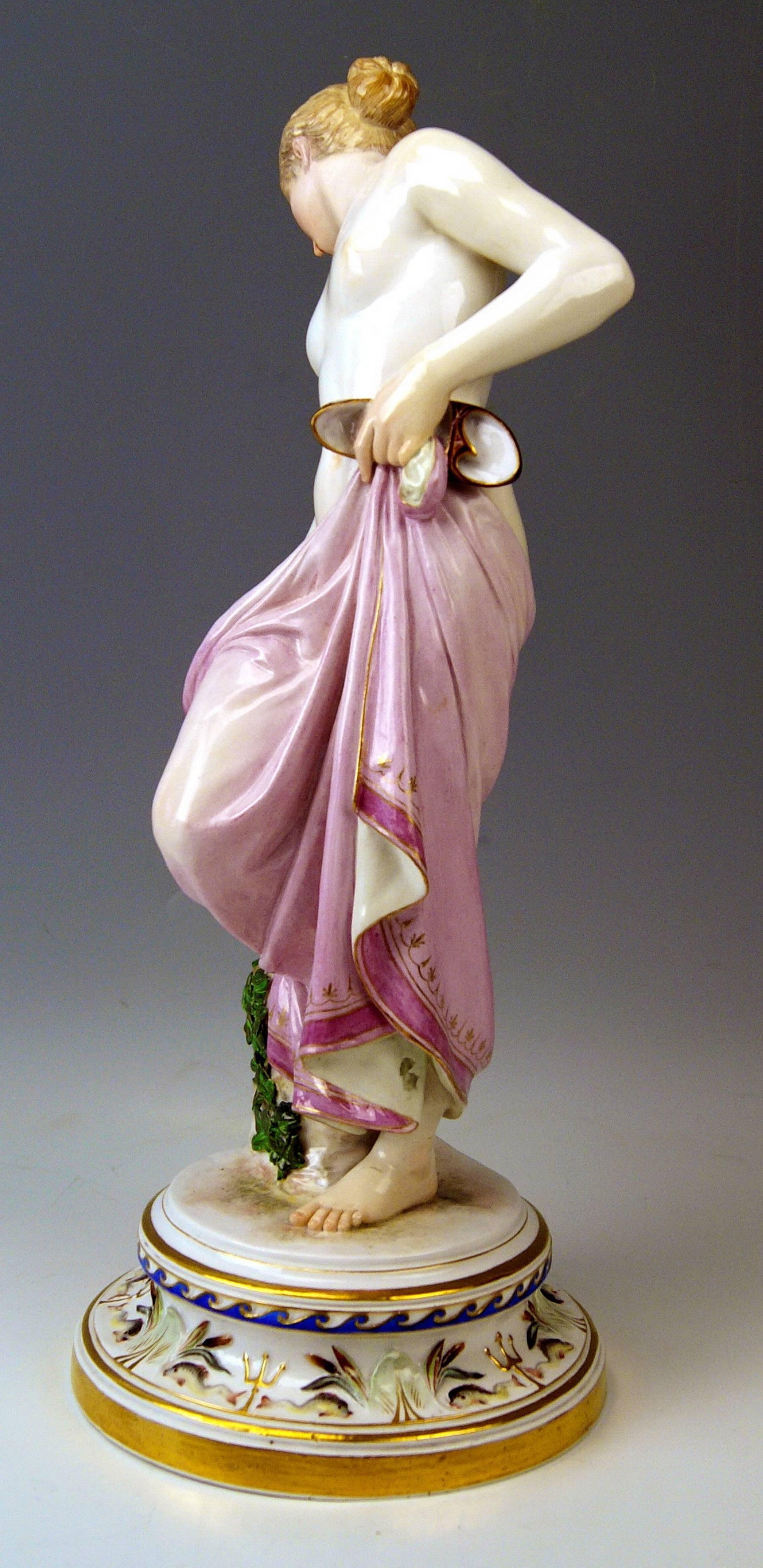 Meissen Gorgeous figurine of nude lady:
Called 'After the Bath,' created by Robert Ockelmann. 
 
Manufactory: Meissen.
Hallmarked: Blue Meissen Sword Mark (underglazed).
First quality. 
Dating: made circa 1900. 
Material: porcelain, glossy