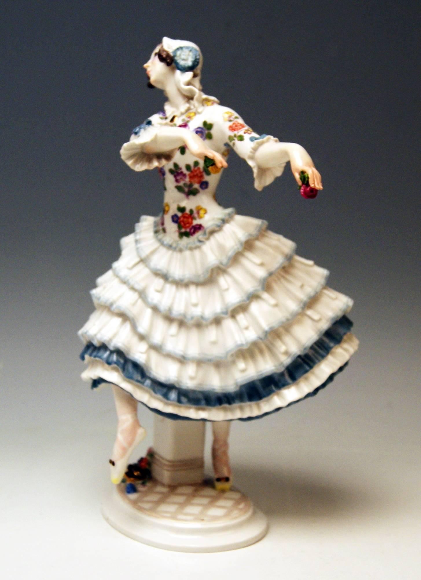 Meissen gorgeous figurine of dancing lady:
Chiarina of Russian ballet, created by Paul Scheurich.
 
Manufactory: Meissen.
Hallmarked: Blue Meissen Sword Mark (underglazed).
First quality. 
Dating: Made circa 1924-34  (Pfeiffer Period).
Material: