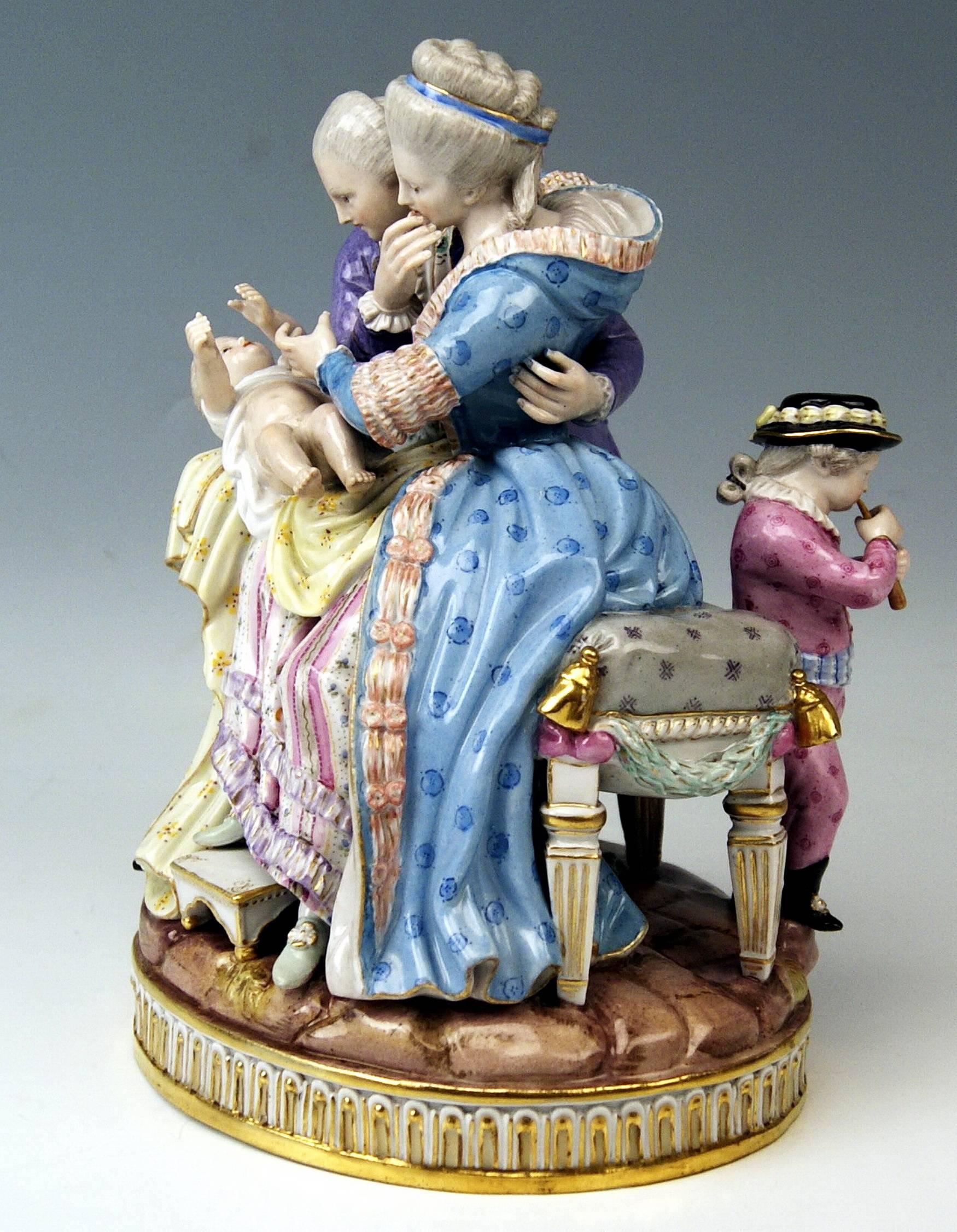 Meissen gorgeous figurine group:
Called 'the lucky parents', created by Michel Victor Acier (1772-1775).

Manufactory: Meissen.
Hallmarked: Blue Meissen Sword Mark (underglazed).
First quality
Dating: Made, circa 1860-1870.
Material: